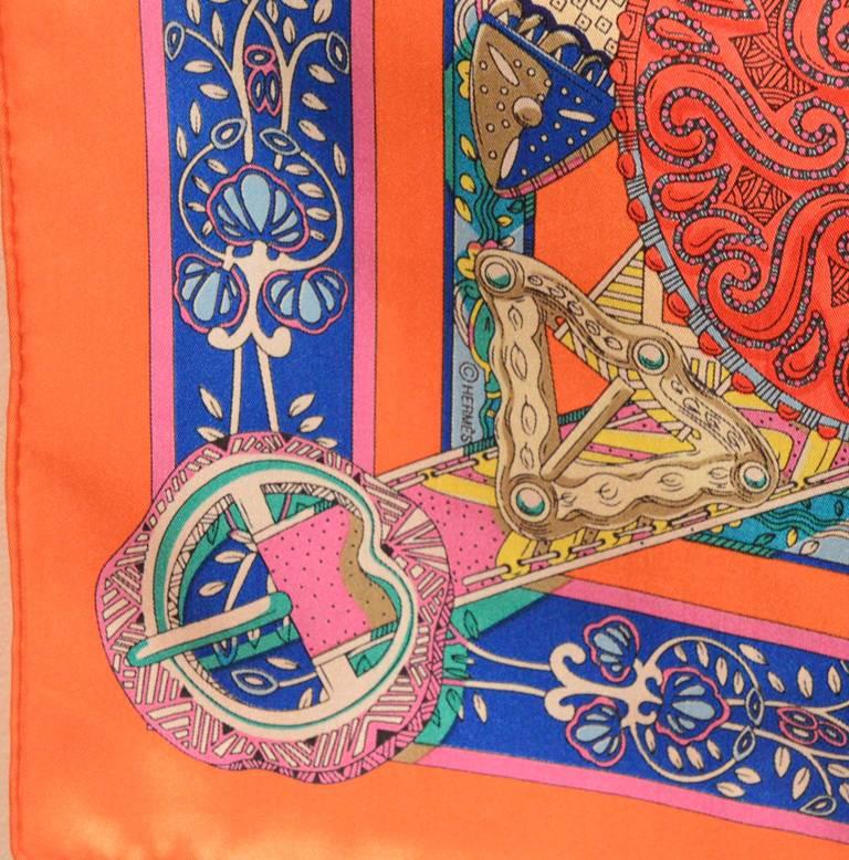 Brown Hermes Le Songe de la Licorne Silk Scarf in Orange