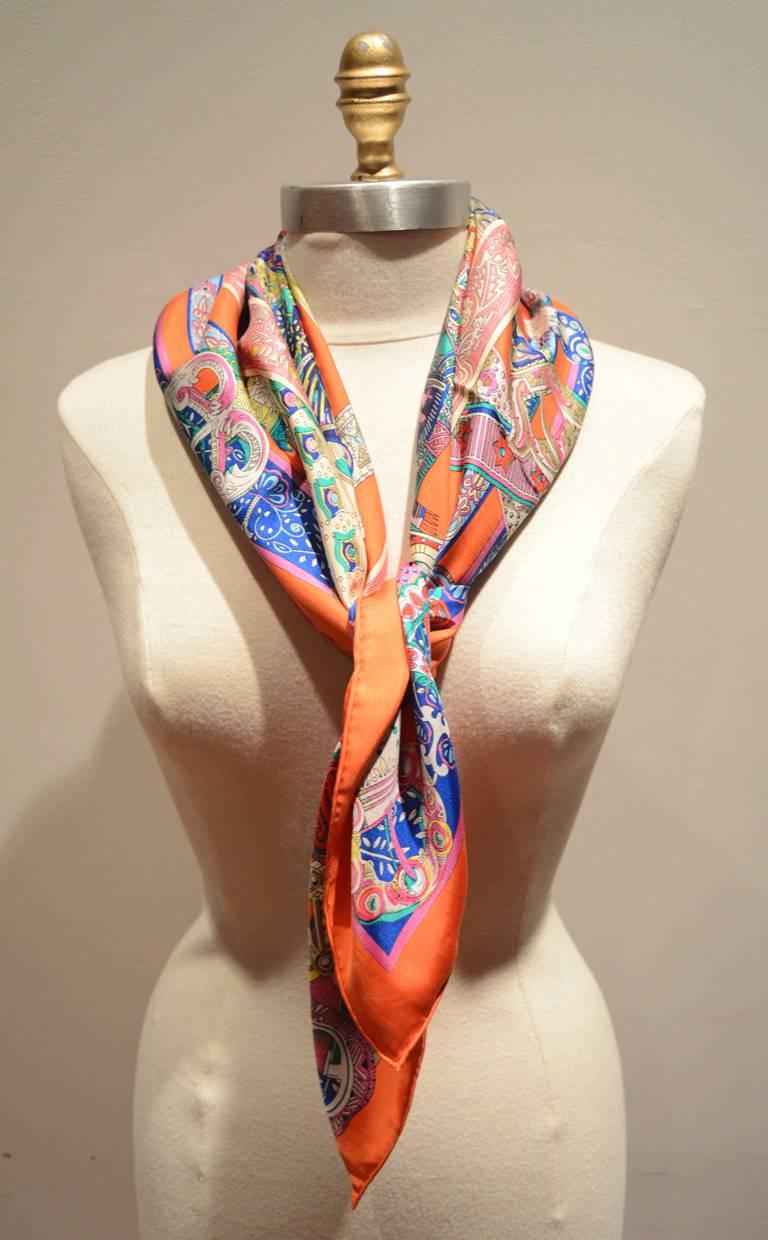 Hermes Le Songe de la Licorne Silk Scarf in Orange In Excellent Condition In Philadelphia, PA