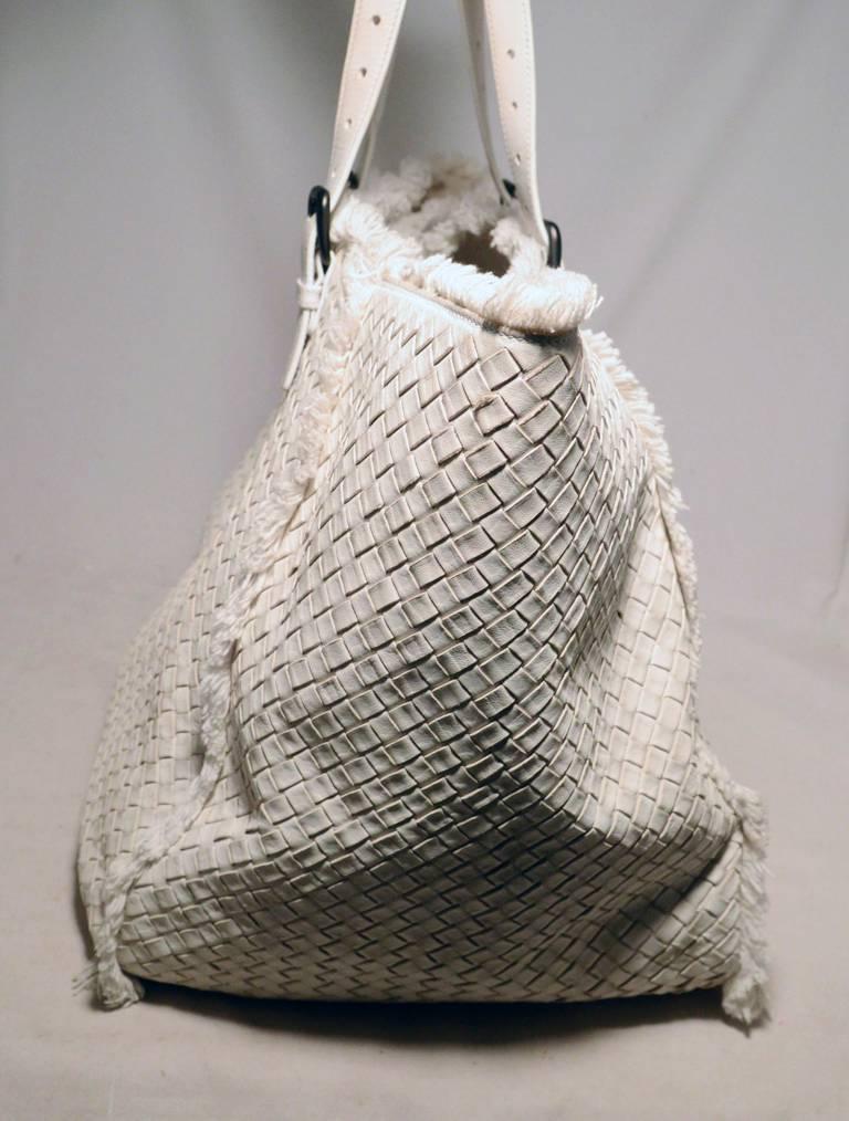 Women's Bottega Veneta RARE White Woven Leather Fringe Trim Tote Bag