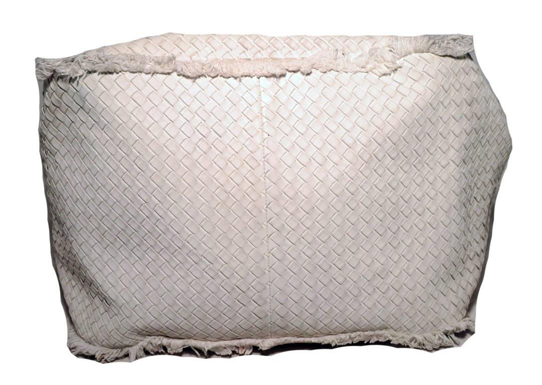 Bottega Veneta RARE White Woven Leather Fringe Trim Tote Bag In Excellent Condition In Philadelphia, PA