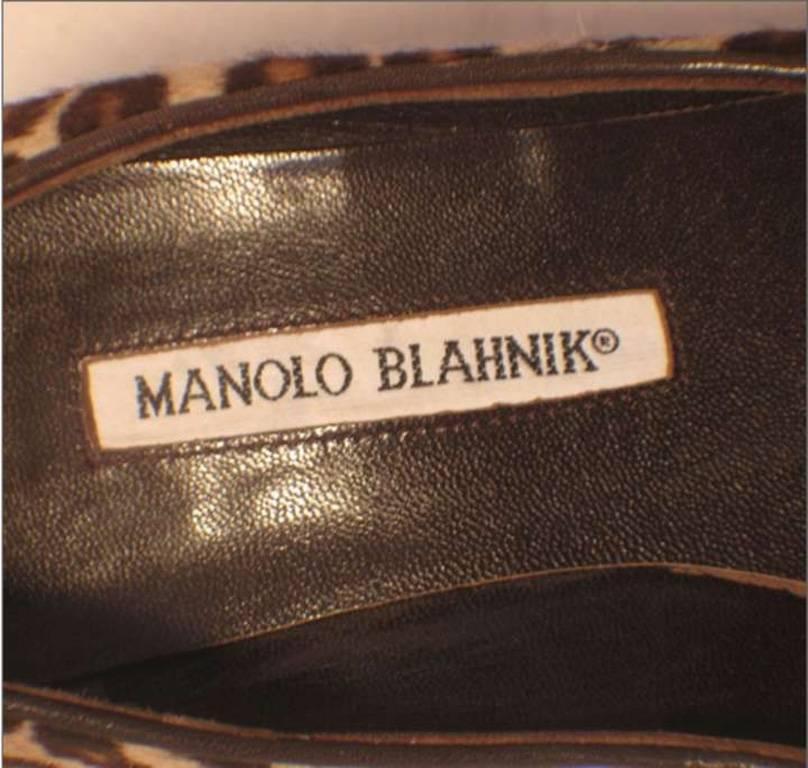 Black Manolo Blahnik Leopard Print Pony Hair Peep Toe Pumps Size 38