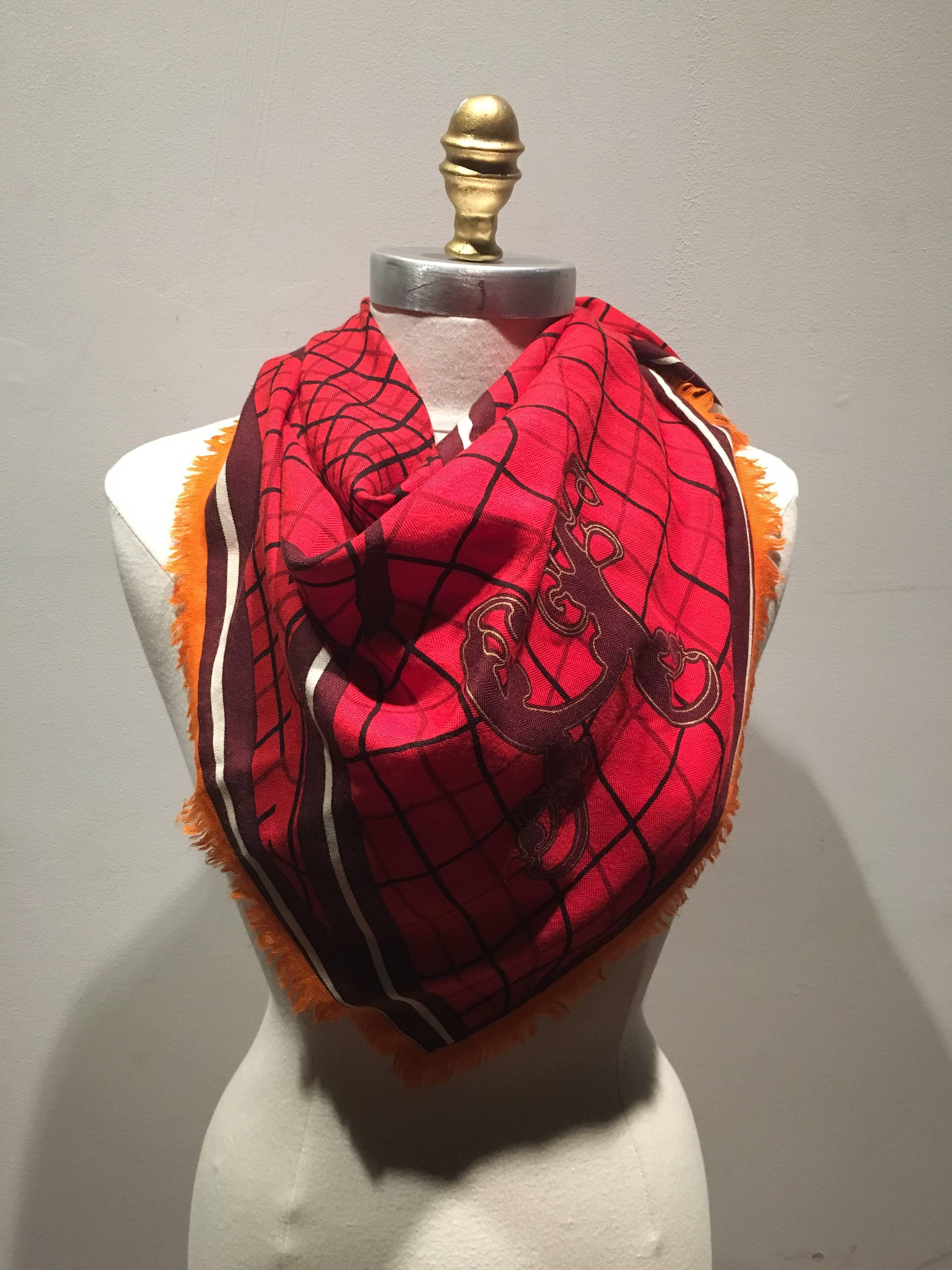 Red Hermes Cashmere and Silk Bete de Concours Scarf