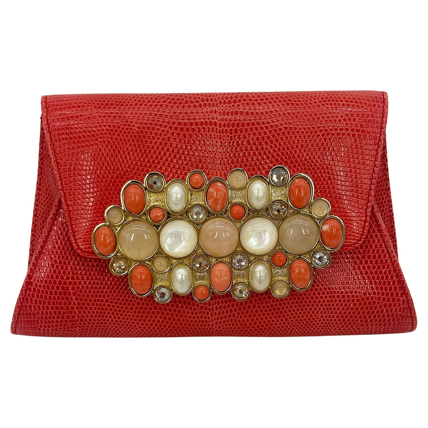 Vintage Judith Leiber - Clutch frontale in lucertola rossa con pietre preziose
