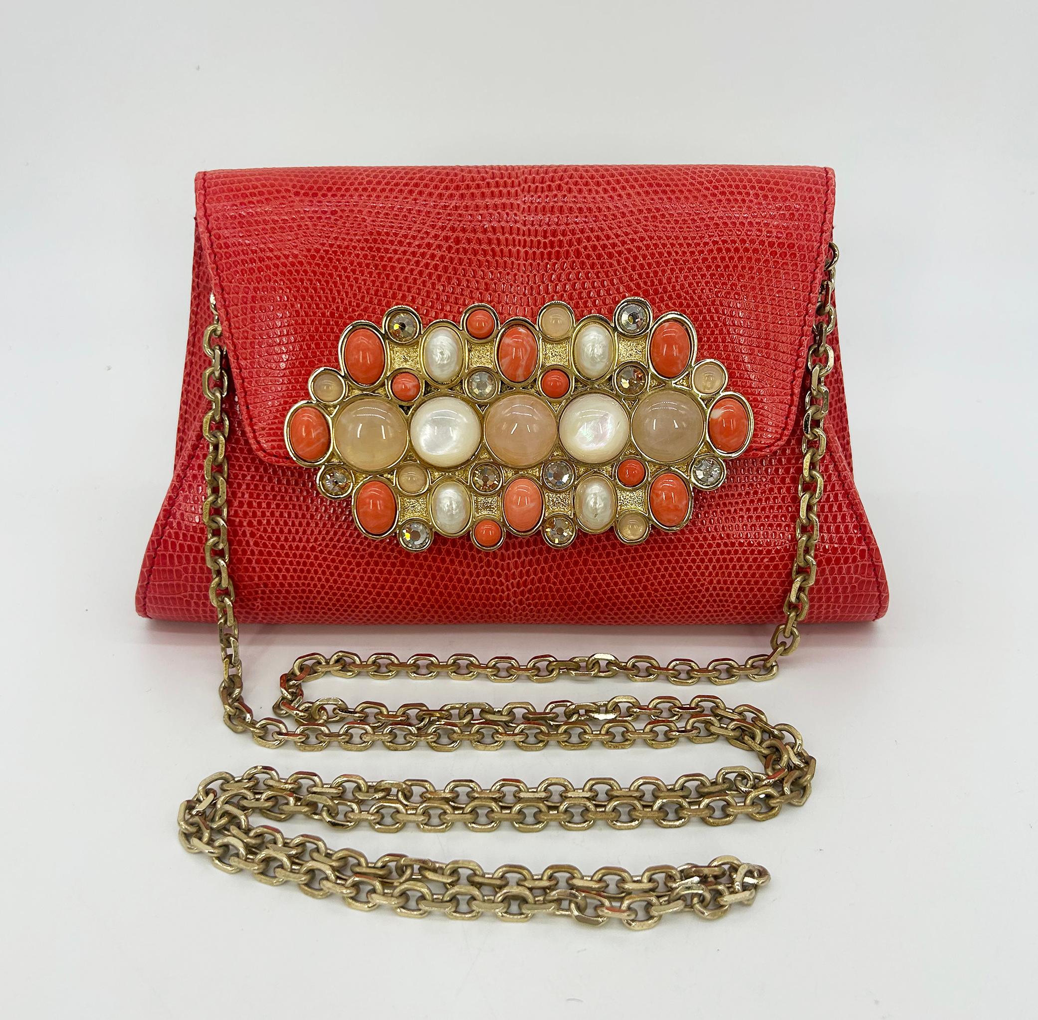 Vintage Judith Leiber - Clutch frontale in lucertola rossa con pietre preziose in vendita 8