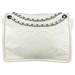 Chanel White Leather Quilted CC logo XL Maxi Classic Top Flap Shoulder Bag