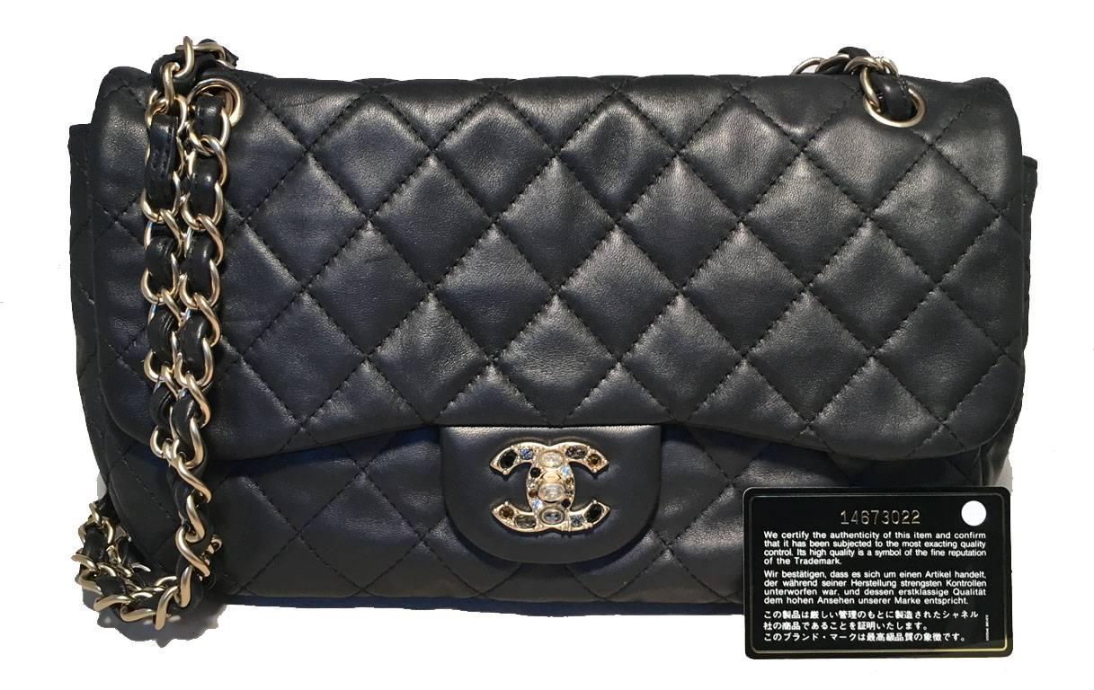 RARE Chanel Quilted Black Leather Gem Logo Closure Classic Flap 3