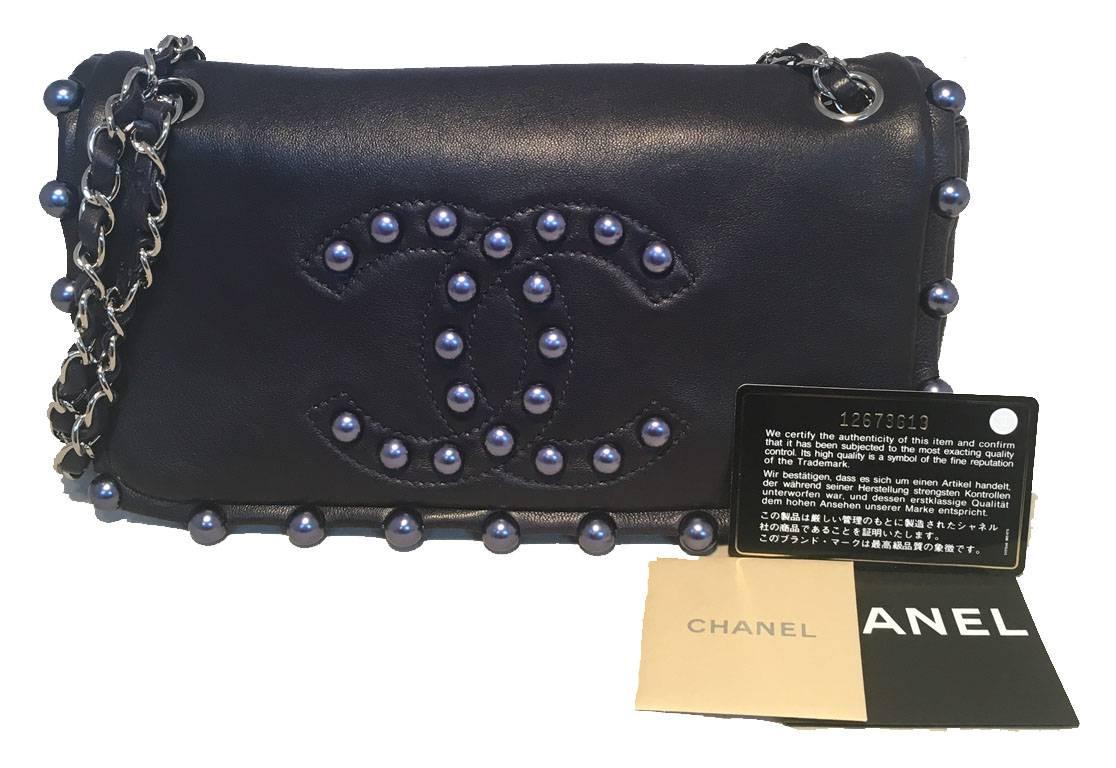 Chanel Navy Blue Leather Pearl Trim Flap Bag 5