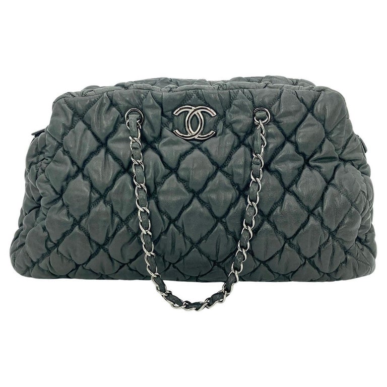 Chanel Dark Gray Quilted Puffy Leather Shoulder Bag Tote For Sale at 1stDibs