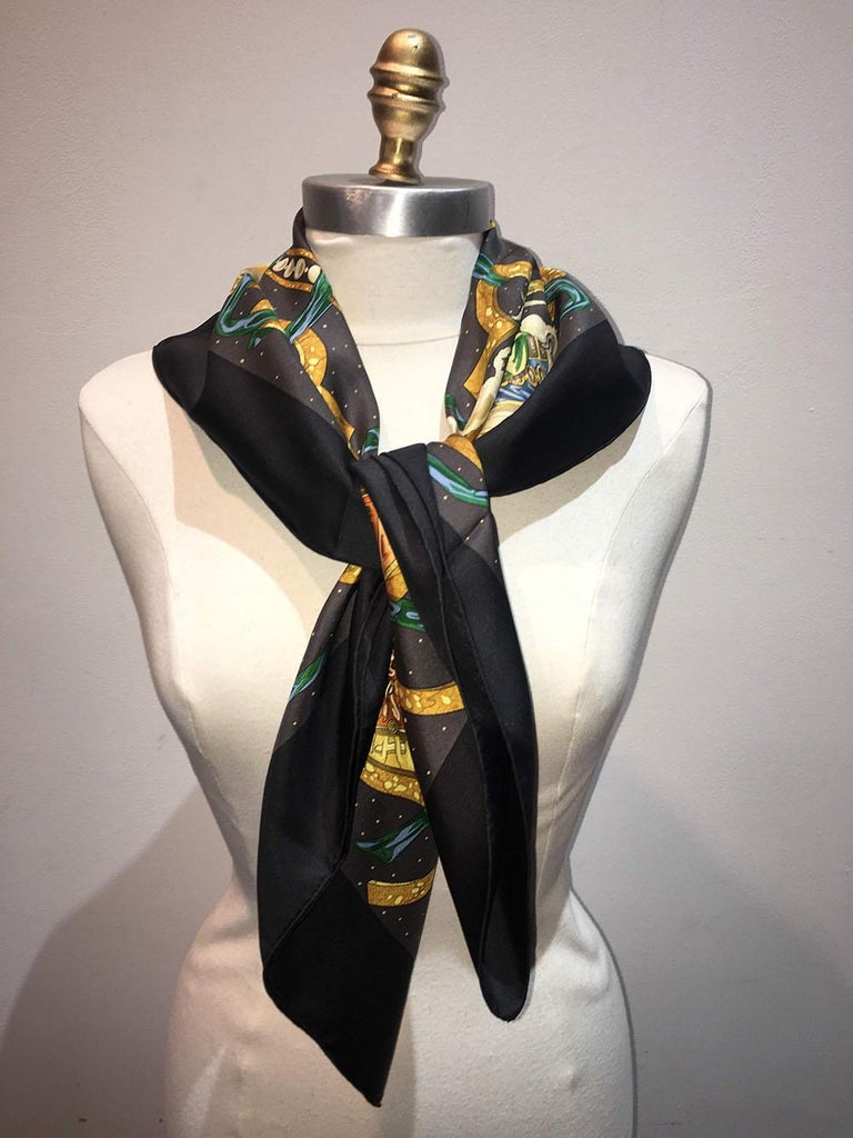 Authentic Hermes Cavaliers Des Nuages Silk Scarf In Black at 1stDibs