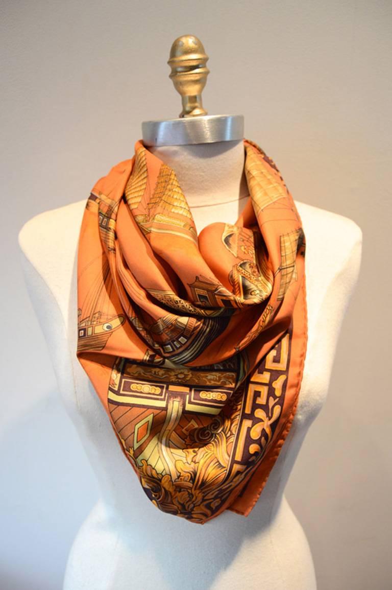 Women's Hermes Jonques Et Sampans Silk Scarf In Orange