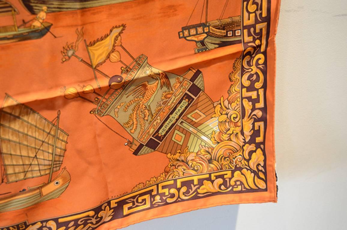 Hermes Jonques Et Sampans Silk Scarf In Orange 2