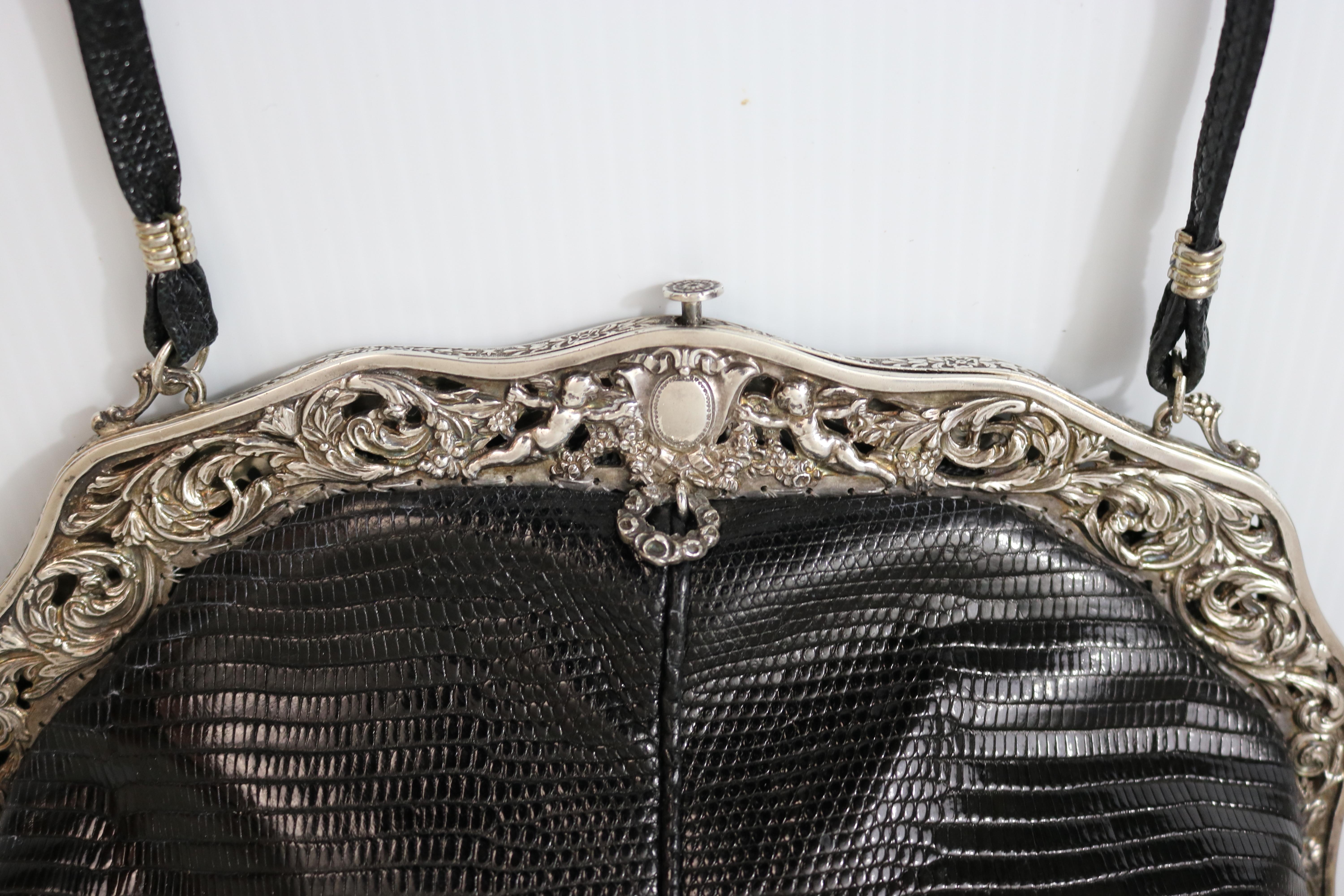 Antique 1905 Gorham Sterling Silver Cherub Frame Lizard skin Handbag-A Treasure For Sale 1