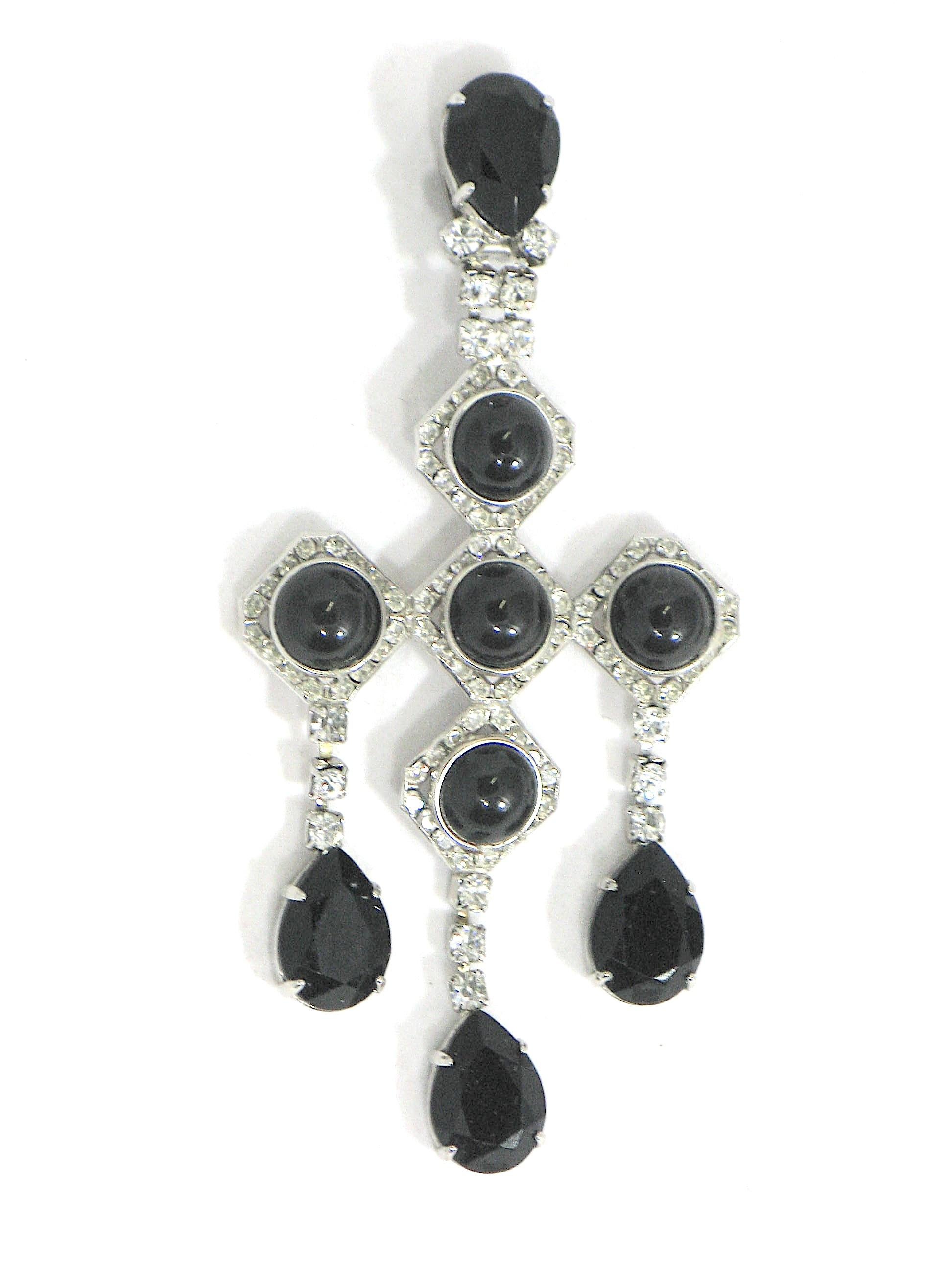 Large Impressive Haute Couture 4 3/4 in. Drop Runway  Earrings-sterling silver, Jet black stones, and diamente trimmed chandelier clip on earrings, For a Society Fashionista who wants to stand out!!

Provenance-formerly belonging to Rebecca