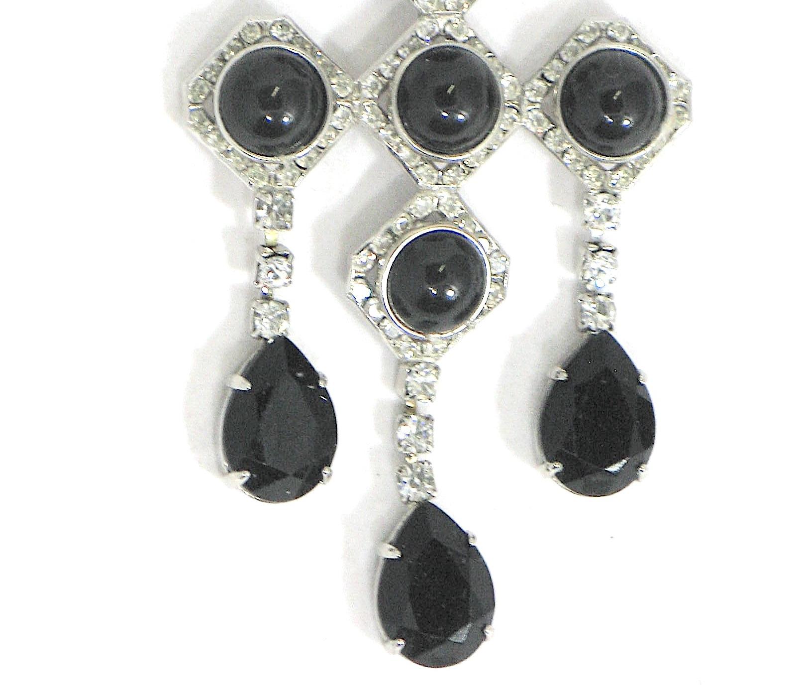 1940s Runway Pair Onyx Diamente Sterling Chandelier Earrings-Provenance In Good Condition For Sale In West Palm Beach, FL
