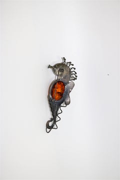 Modernist Sterling Amber Cabochon Sea Horse Brooch Style of Hector Aguilar