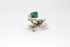 Modernist Lilly Barrack Sterling Bypass Ring- Quartz, Cultured Pearl, Apatite