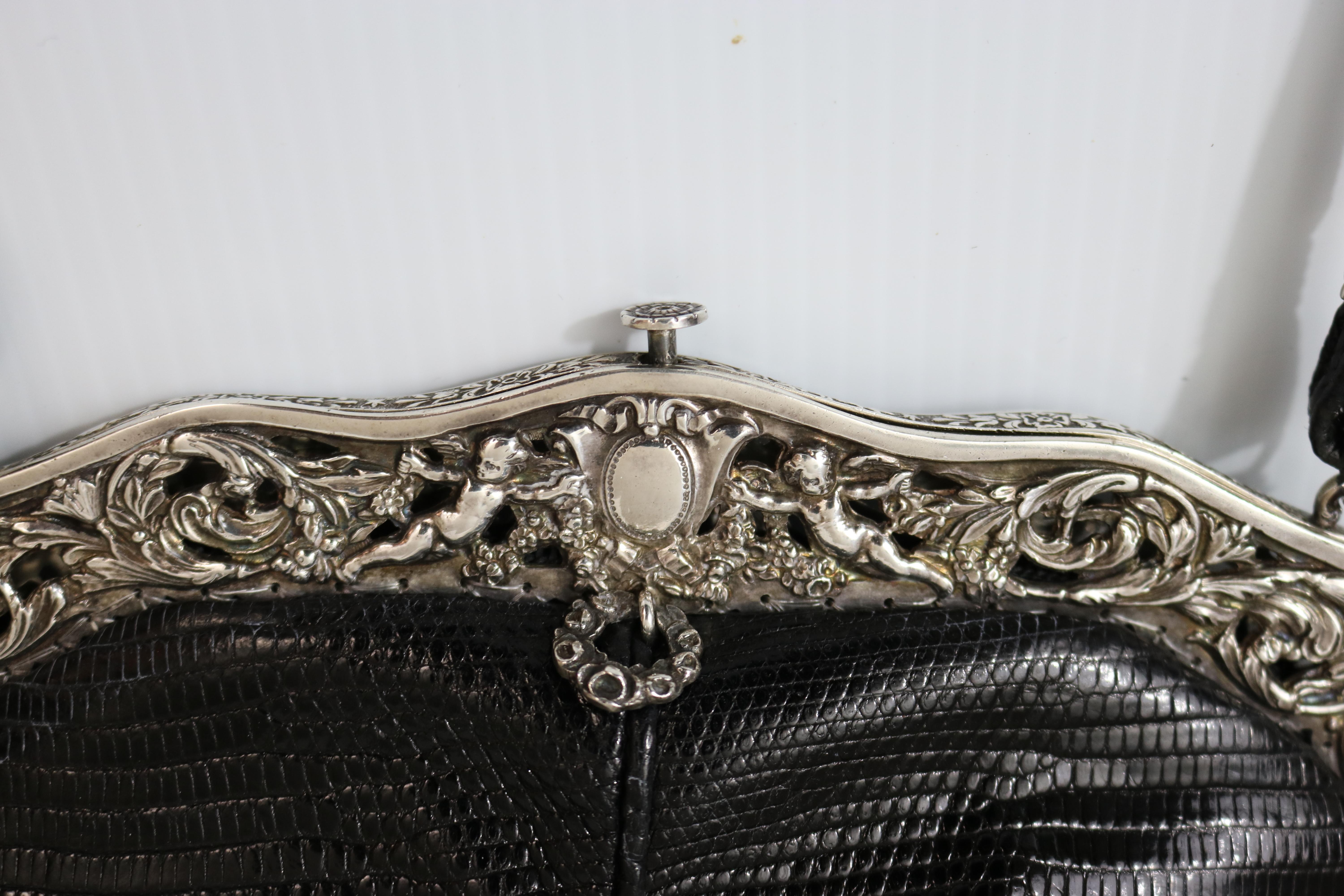 Antique 1905 Gorham Sterling Silver Cherub Frame Lizard skin Handbag-A Treasure For Sale 3