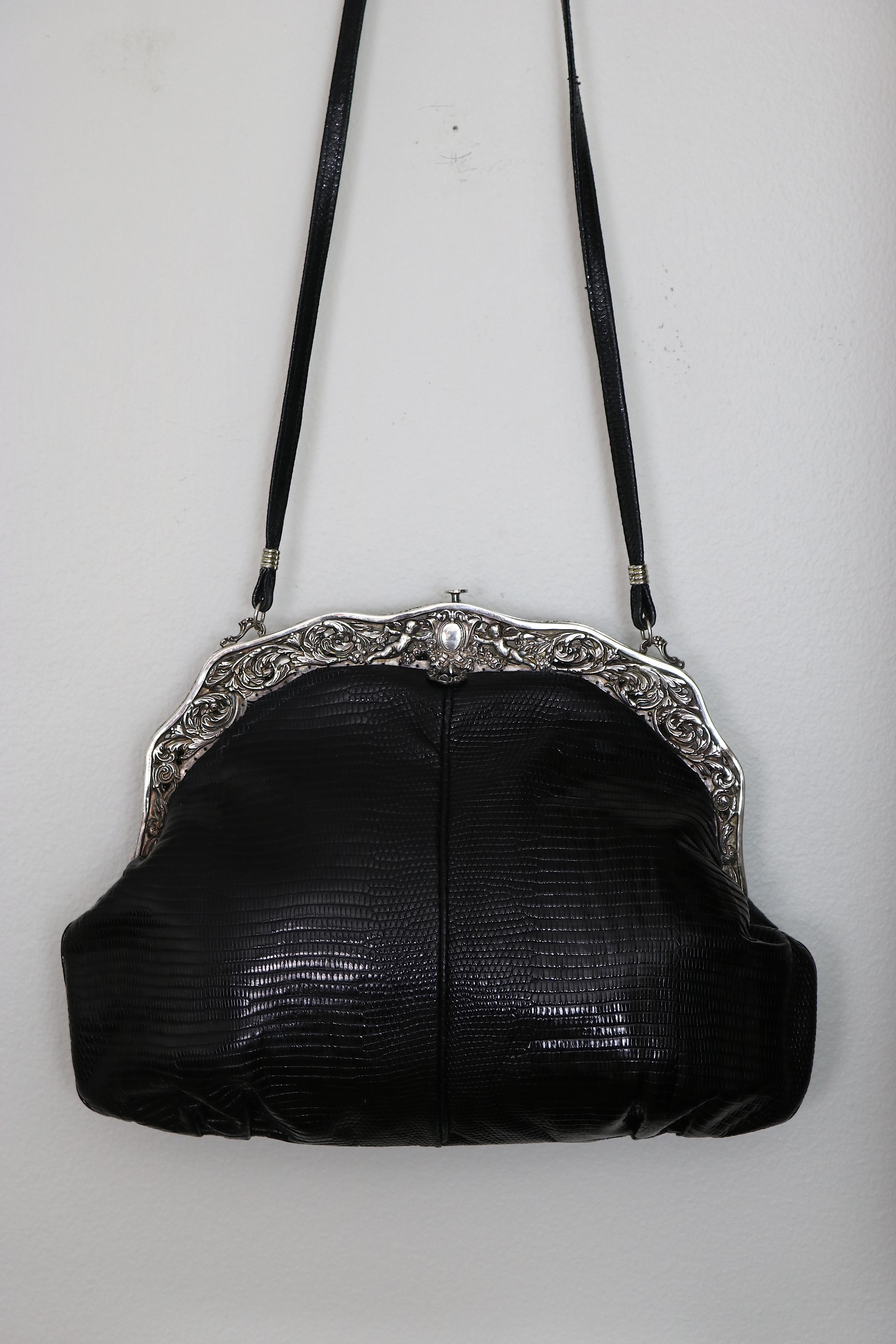 Black Antique 1905 Gorham Sterling Silver Cherub Frame Lizard skin Handbag-A Treasure For Sale