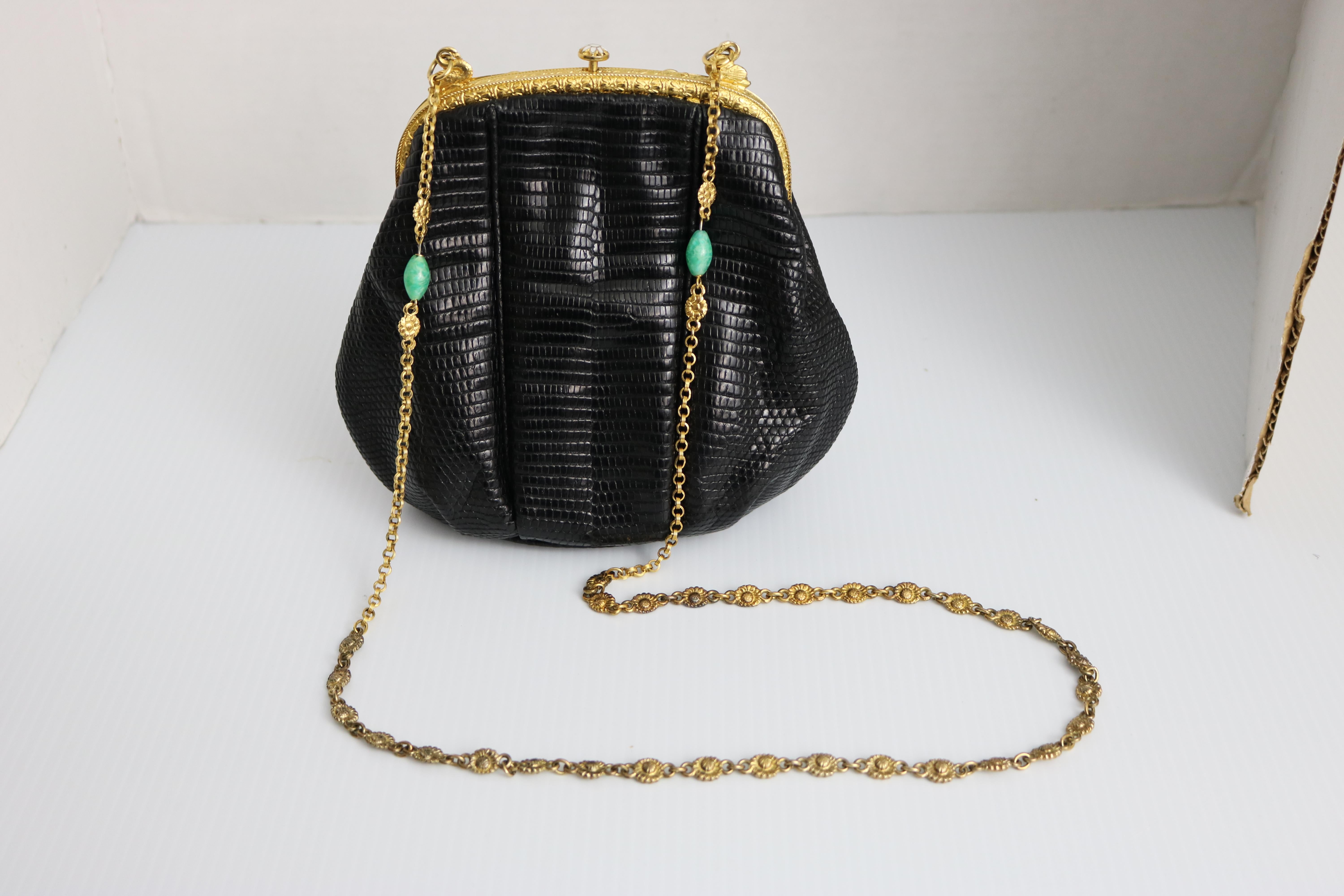 Women's Jeweled Enamel Trim c.1925- 24 K Gold Plate Frame Black Lizard Handbag-A Treasur