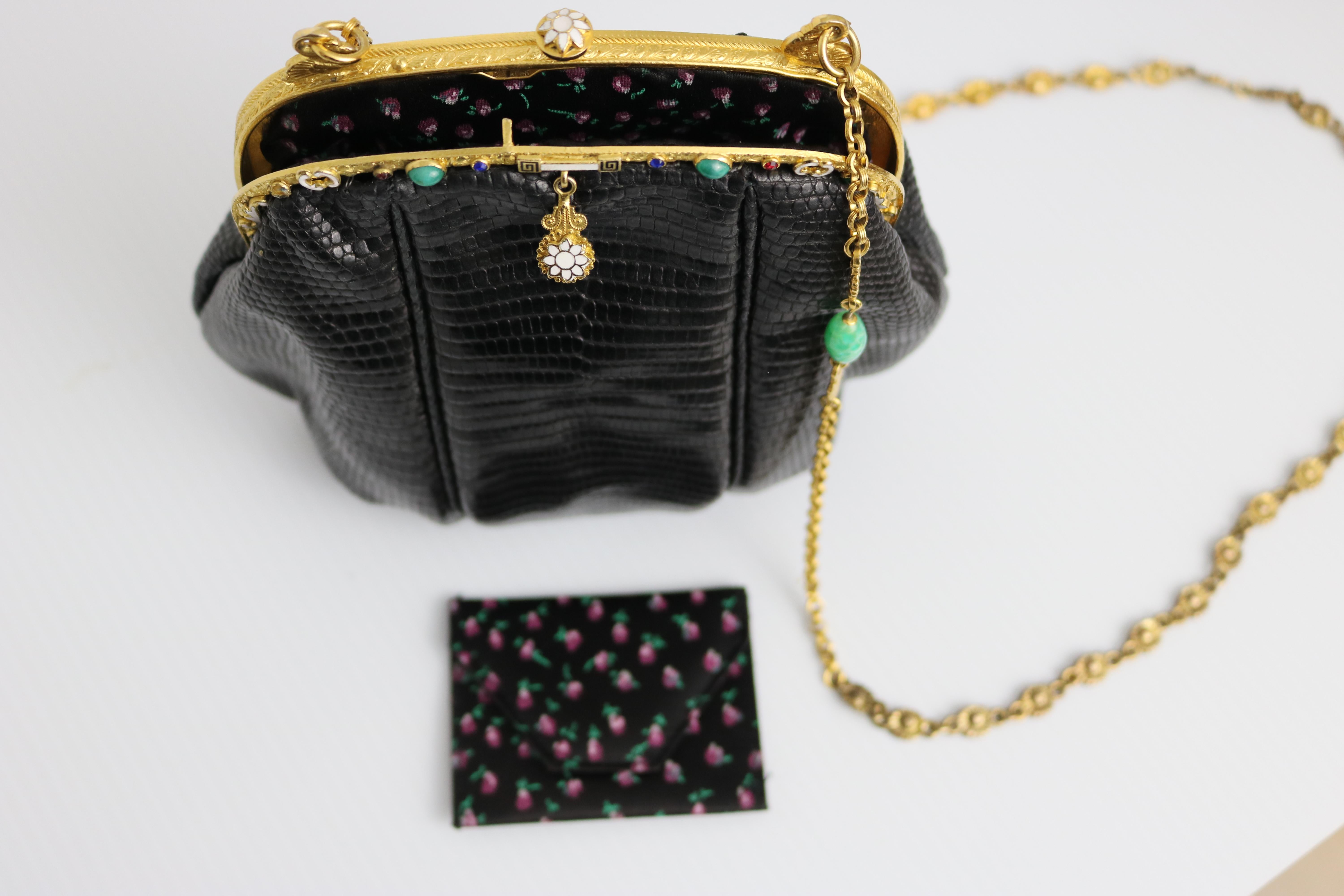 Jeweled Enamel Trim c.1925- 24 K Gold Plate Frame Black Lizard Handbag-A Treasur 1