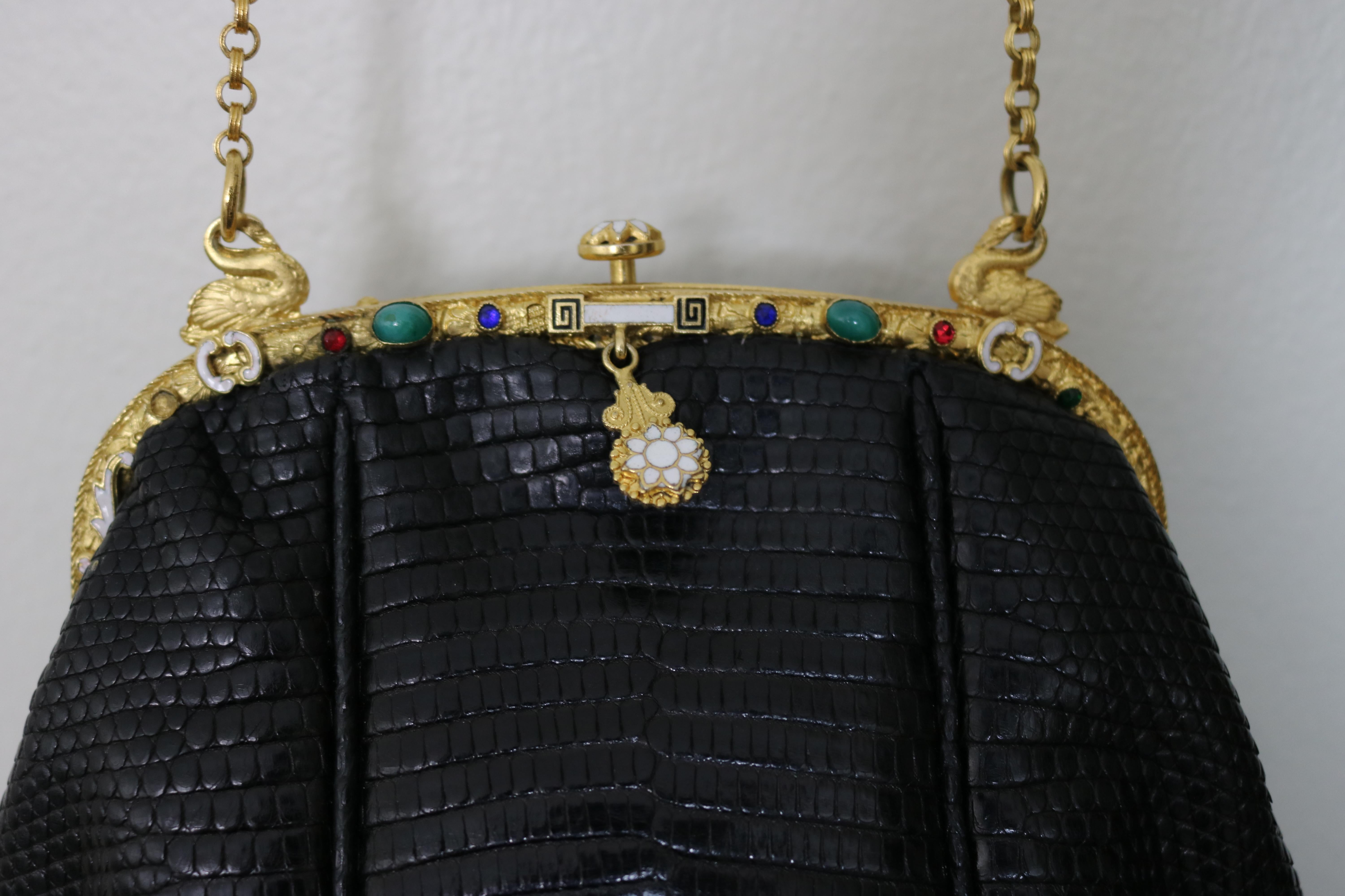 Jeweled Enamel Trim c.1925- 24 K Gold Plate Frame Black Lizard Handbag-A Treasur 3
