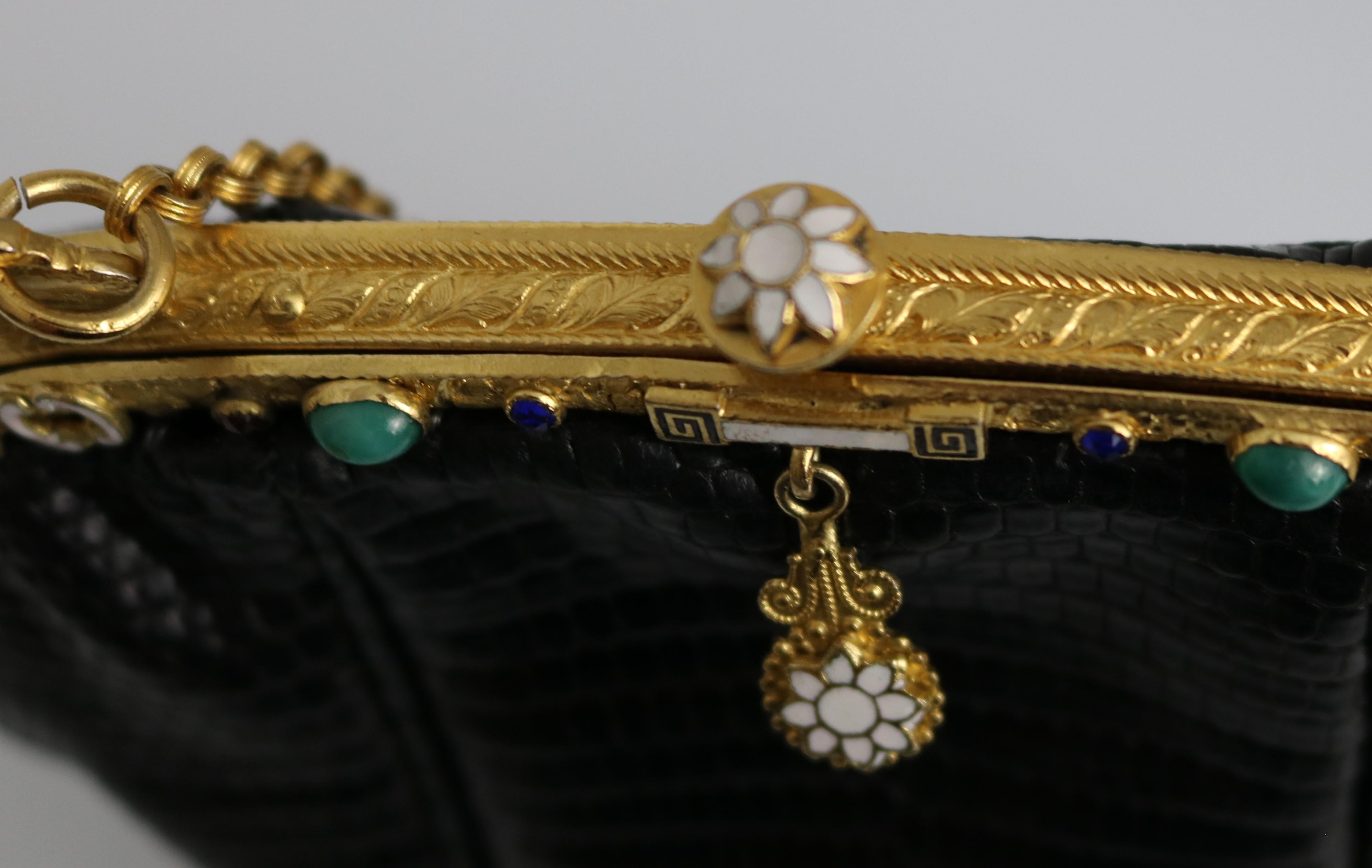 Jeweled Enamel Trim c.1925- 24 K Gold Plate Frame Black Lizard Handbag-A Treasur 5