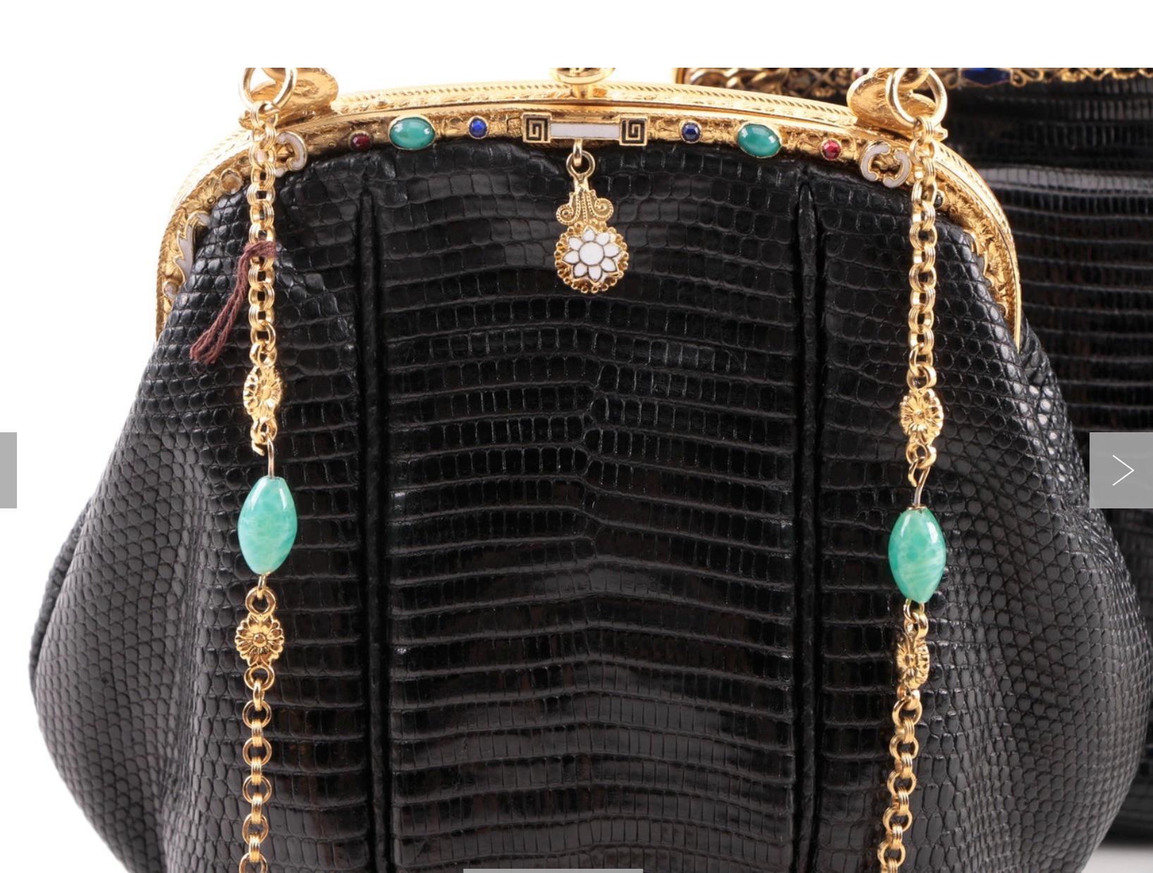 Jeweled Enamel Trim c.1925- 24 K Gold Plate Frame Black Lizard Handbag-A Treasur 7