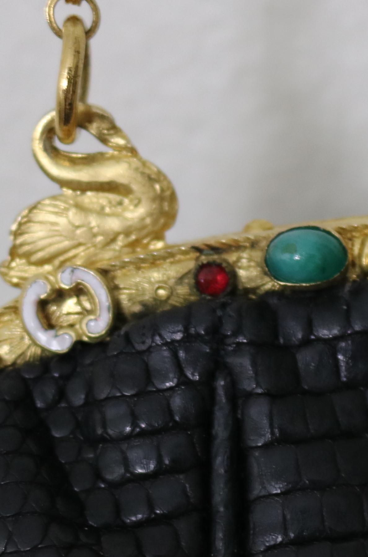 Jeweled Enamel Trim c.1925- 24 K Gold Plate Frame Black Lizard Handbag-A Treasur 2