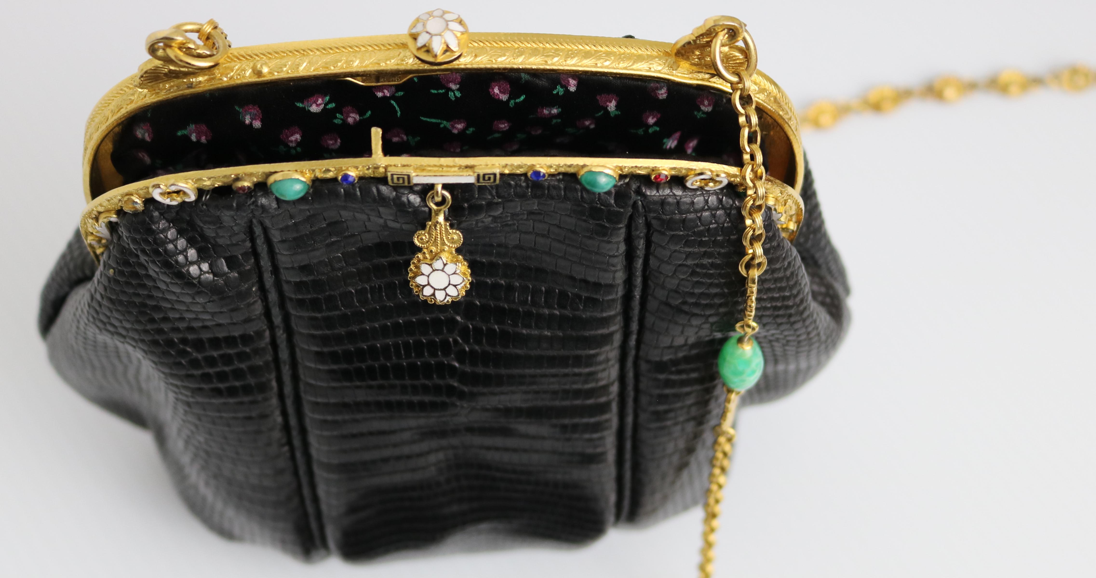 Jeweled Enamel Trim c.1925- 24 K Gold Plate Frame Black Lizard Handbag-A Treasur 8