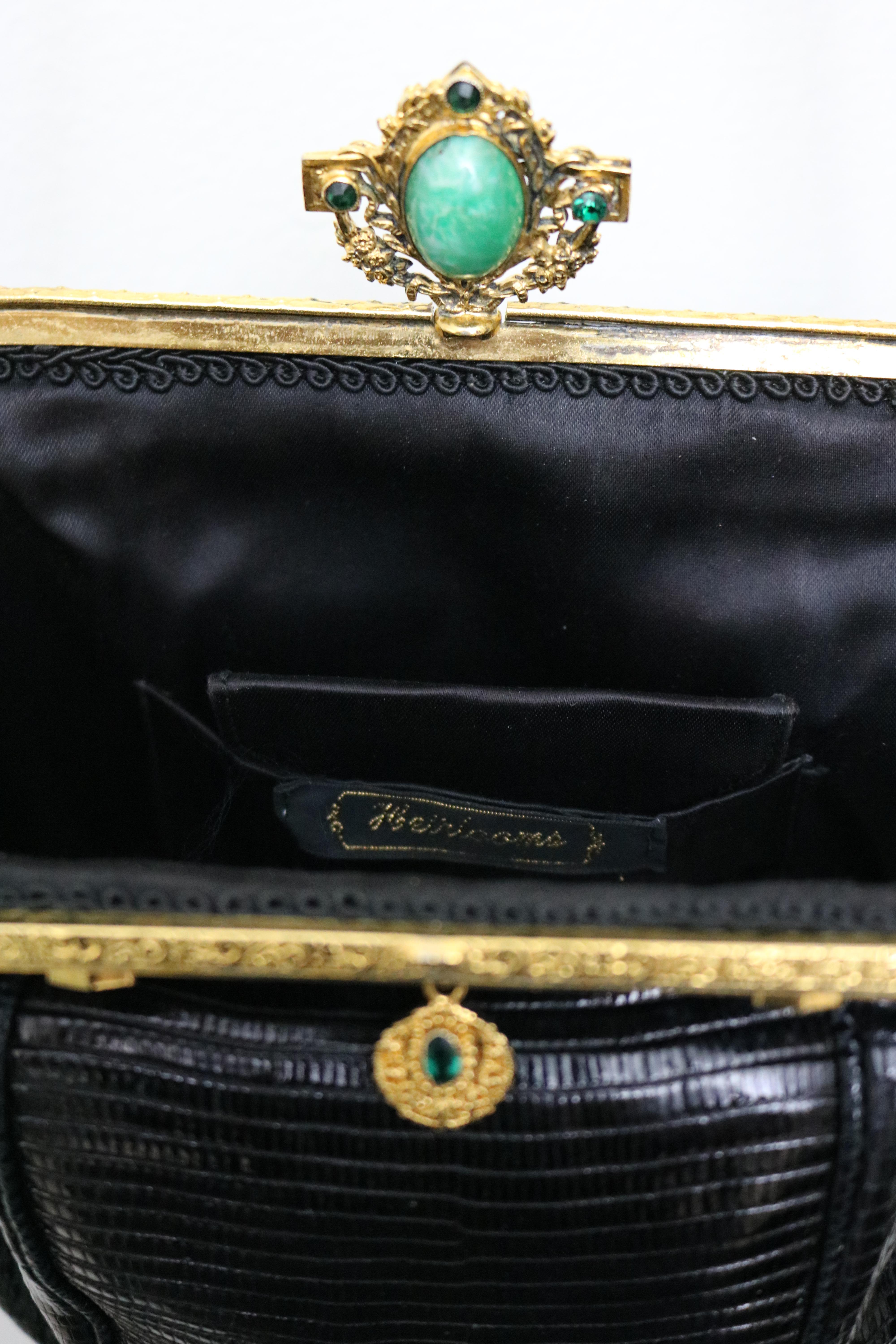 Women's Jeweled 22K Gold Plate c.1925 Handbag Frame Black Lizard Evening Bag , a Treasure For Sale