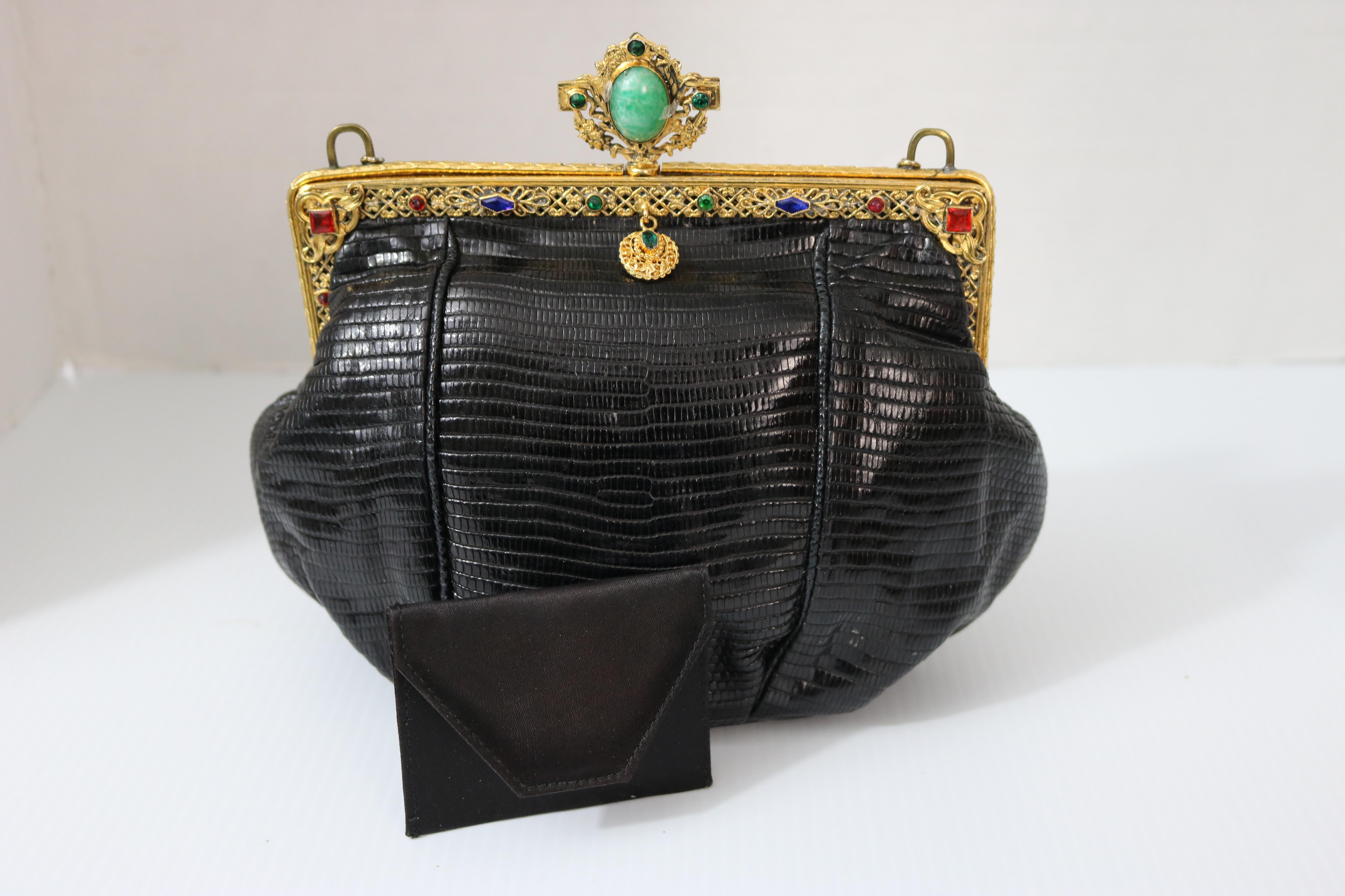 Jeweled 22K Gold Plate c.1925 Handbag Frame Black Lizard Evening Bag , a Treasure In Good Condition For Sale In West Palm Beach, FL