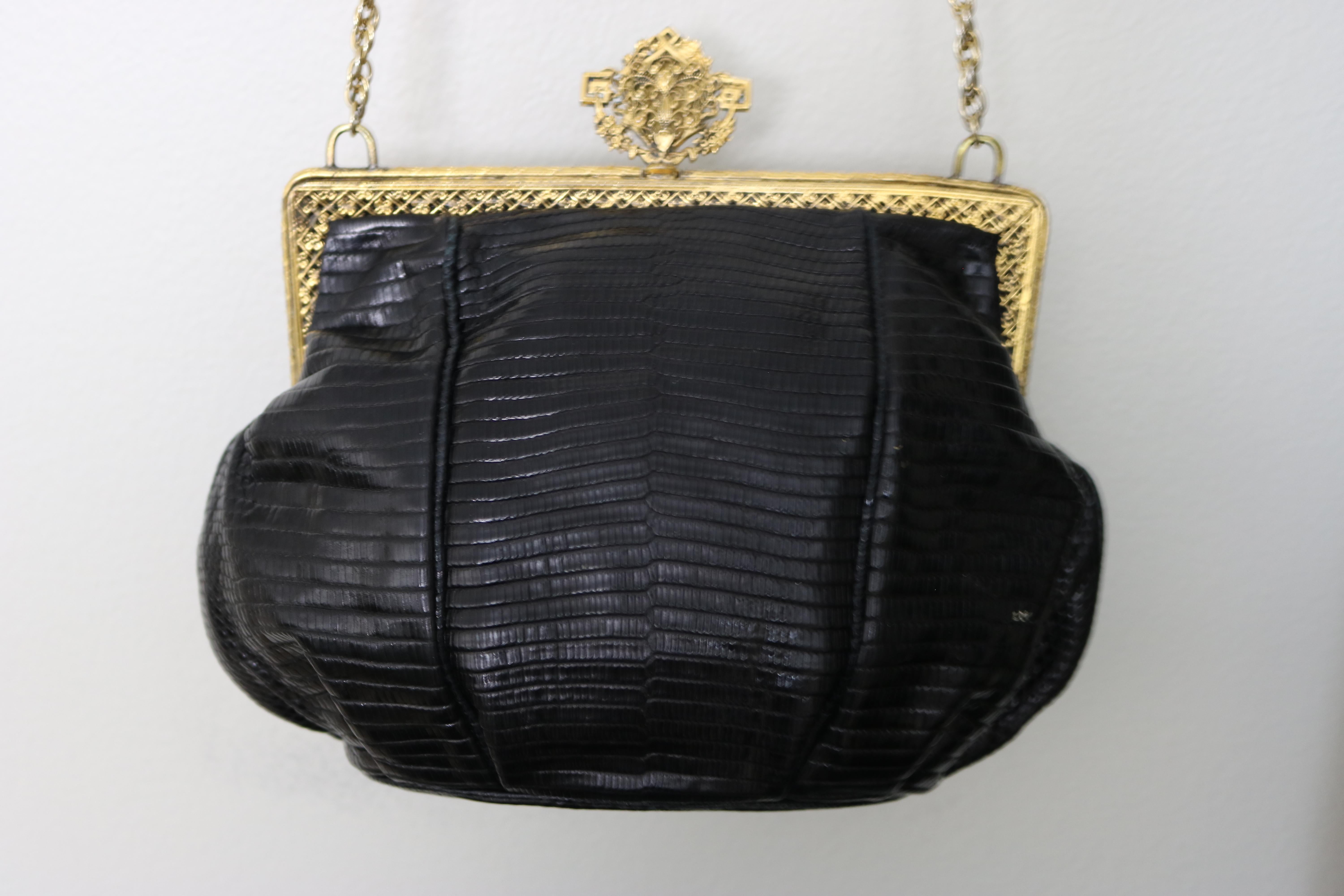 Jeweled 22K Gold Plate c.1925 Handbag Frame Black Lizard Evening Bag , a Treasure For Sale 1