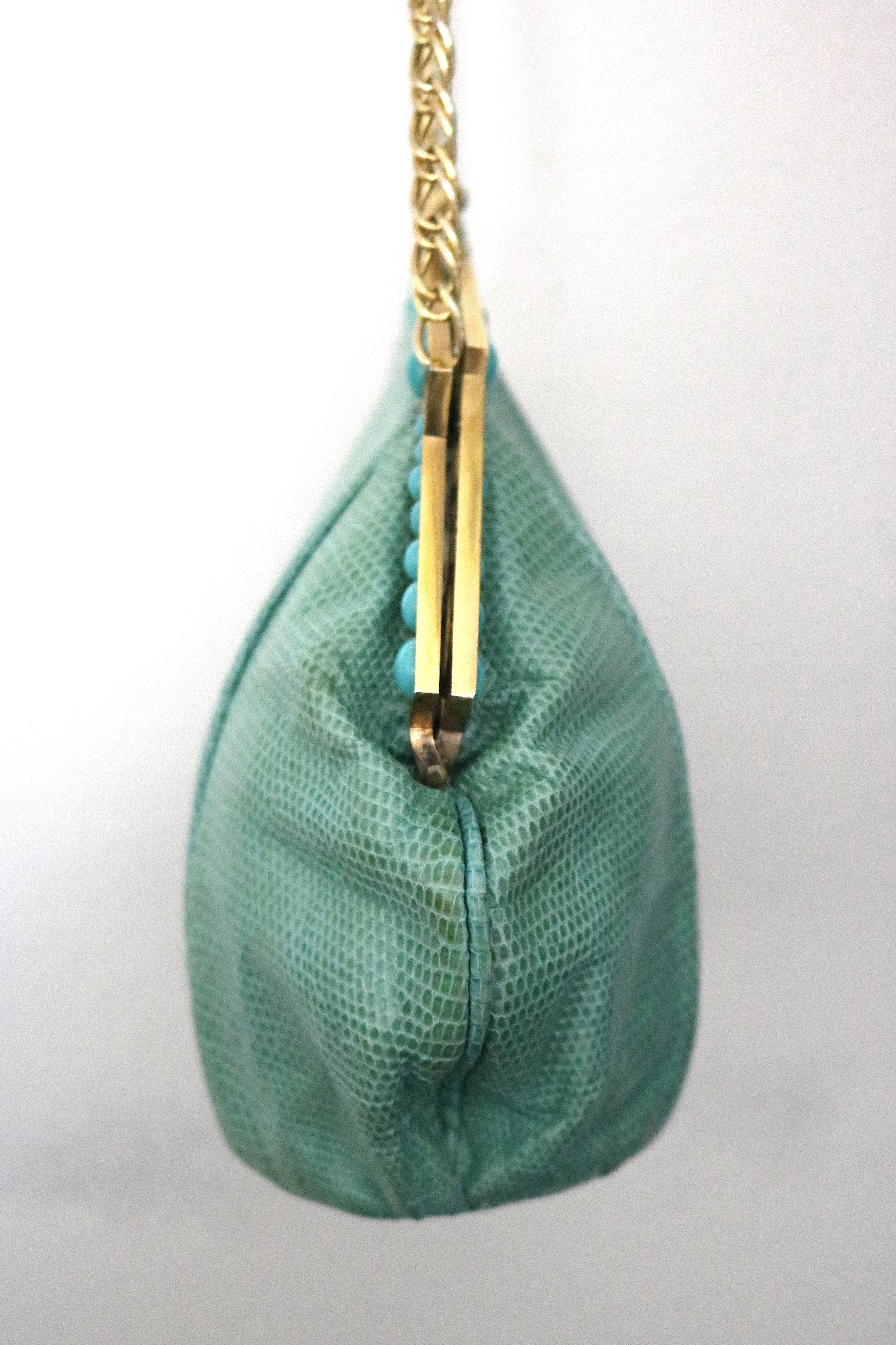 Art Deco Gold Plate c 1930 Frame Snakeskin Evening Bag Turquoise Beads In Good Condition For Sale In West Palm Beach, FL