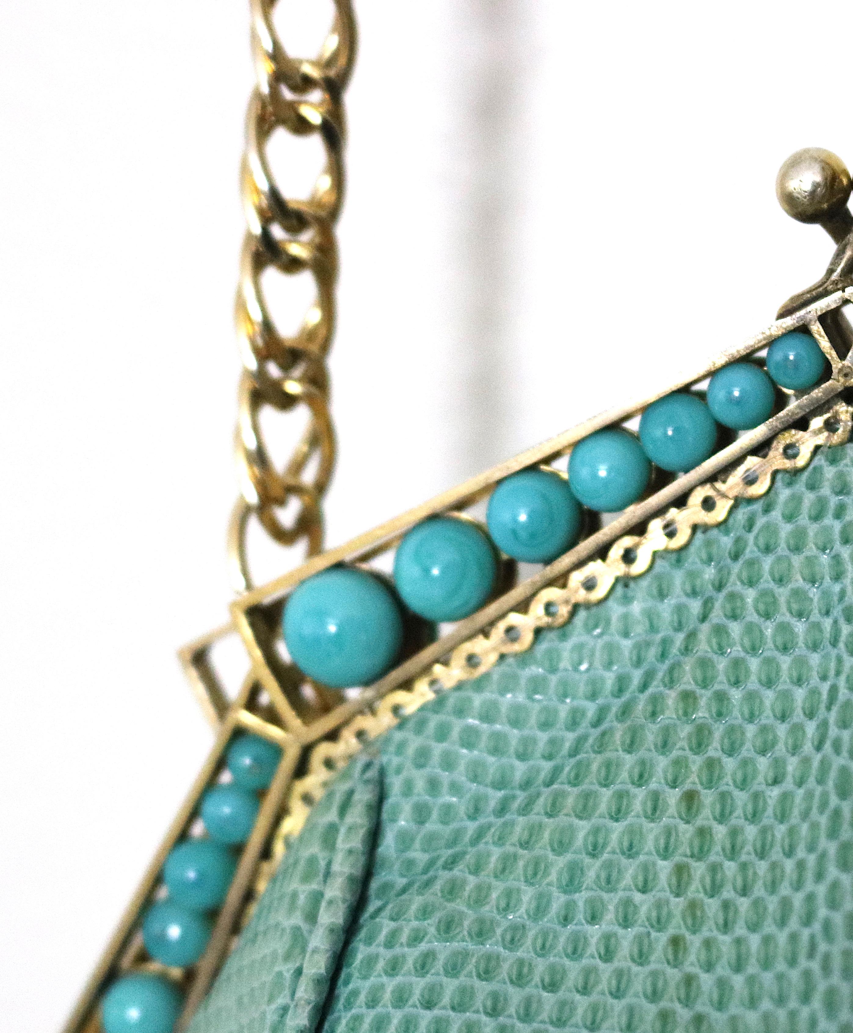 Women's Art Deco Gold Plate c 1930 Frame Snakeskin Evening Bag Turquoise Beads For Sale
