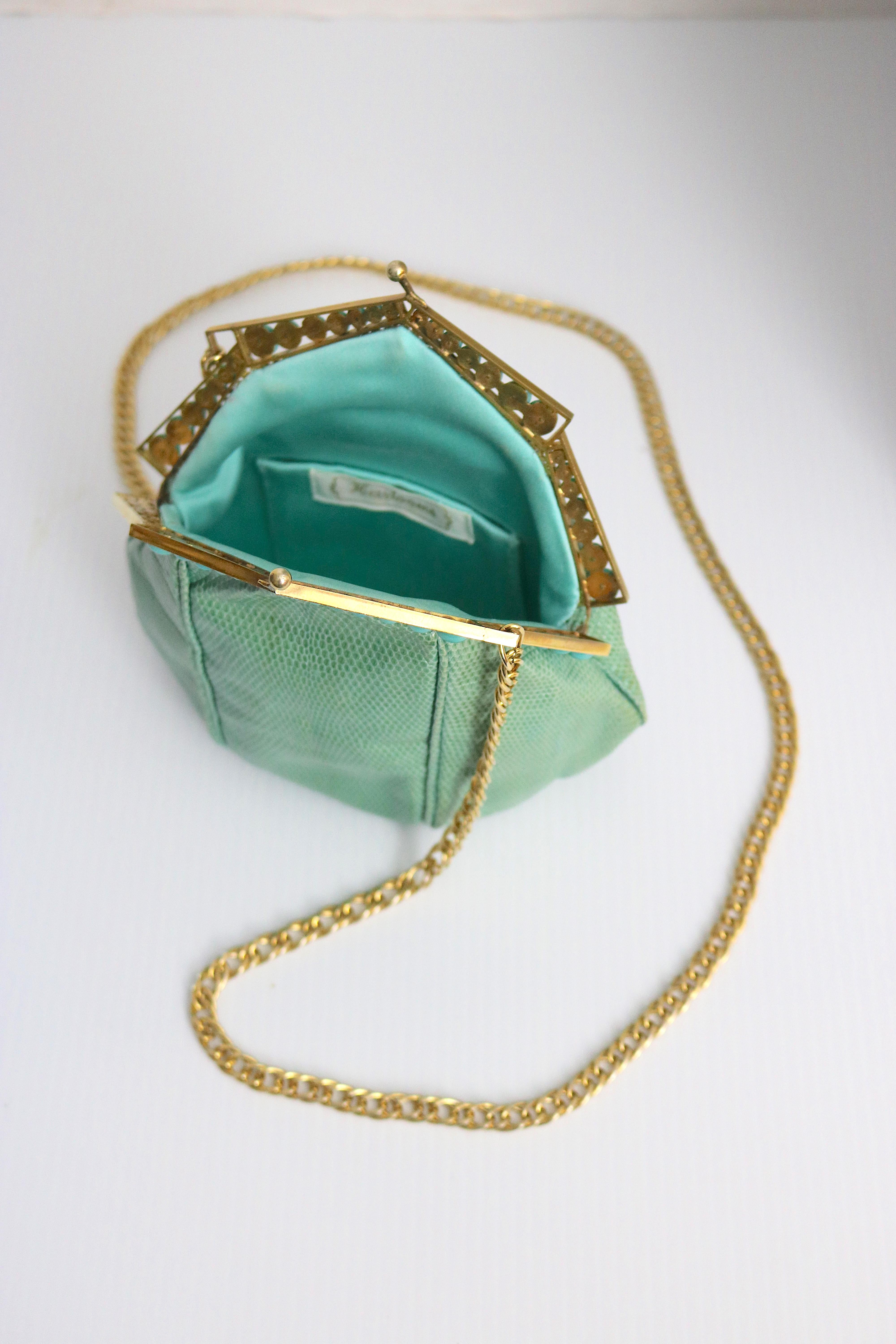 Art Deco Gold Plate c 1930 Frame Snakeskin Evening Bag Turquoise Beads For Sale 1