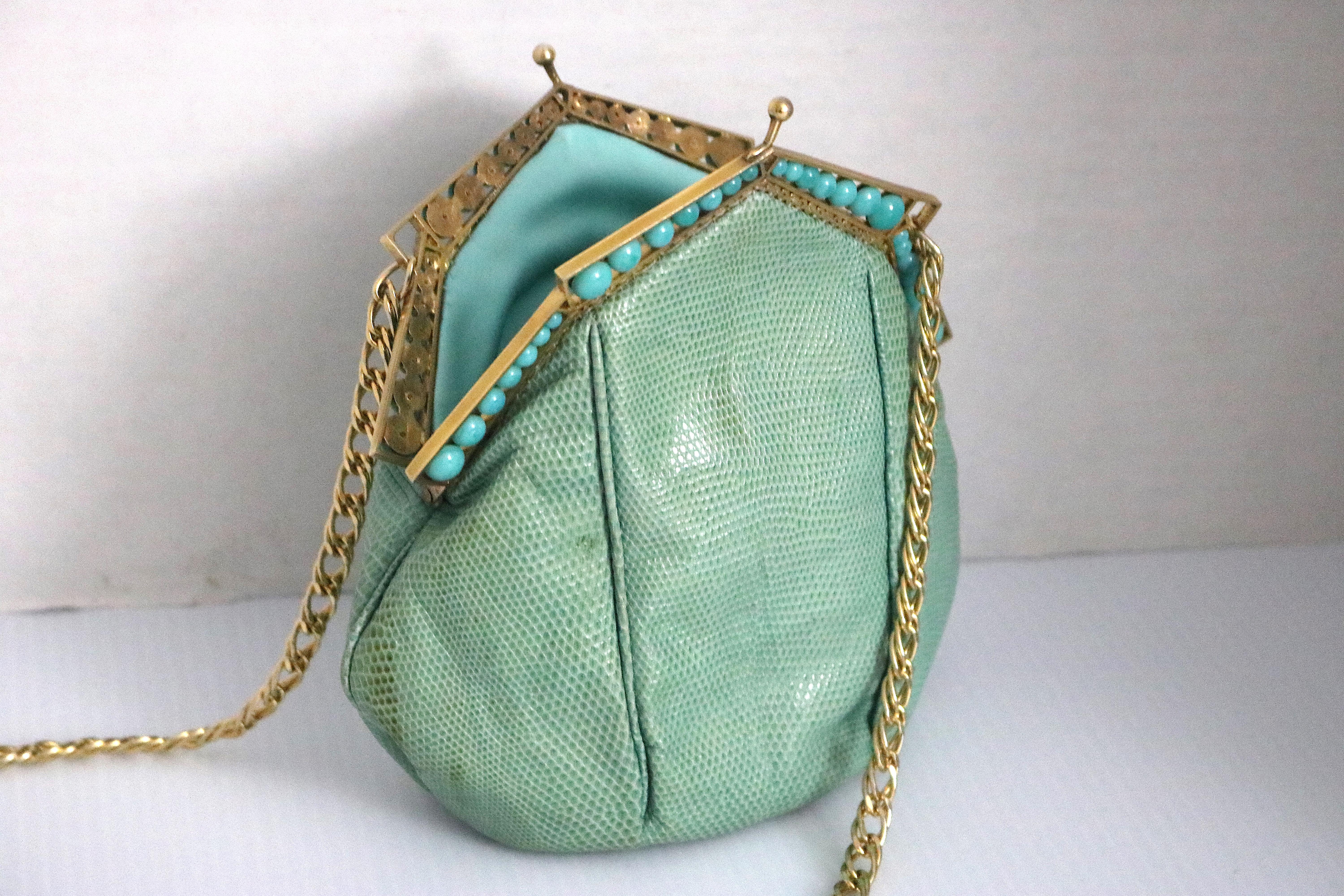 Gray Art Deco Gold Plate c 1930 Frame Snakeskin Evening Bag Turquoise Beads For Sale