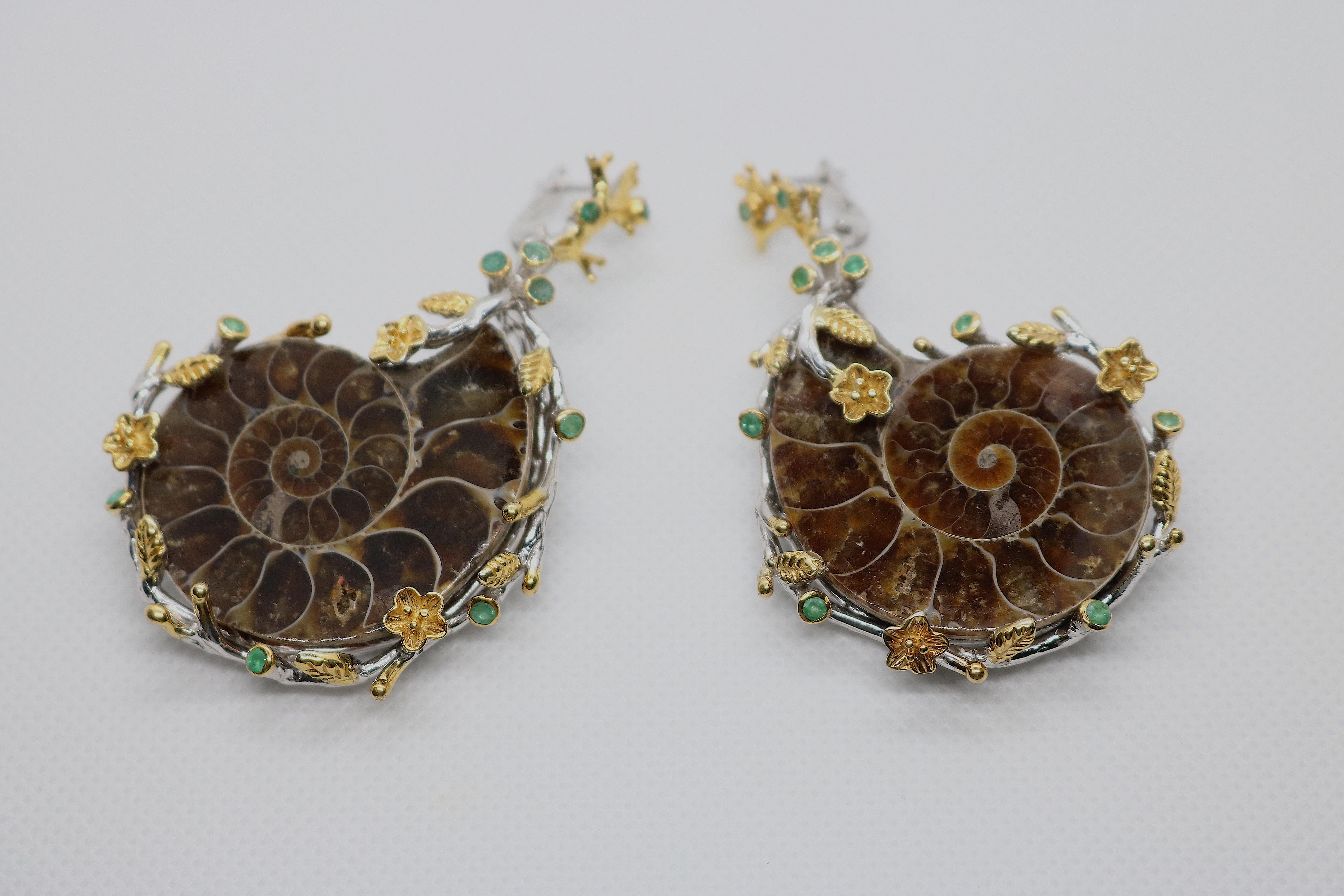 Artisan Gold on Sterling Ammonite Nautilus Shell Emerald Earrings  For Sale 3