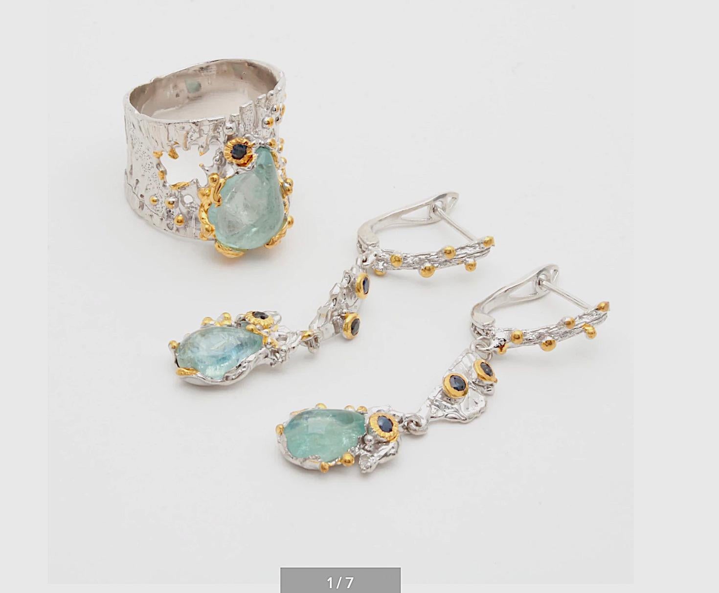 Women's Brutalist Sterling Silver Gemstone Earrings with Aquamarine, Sapphire, Vermeil For Sale