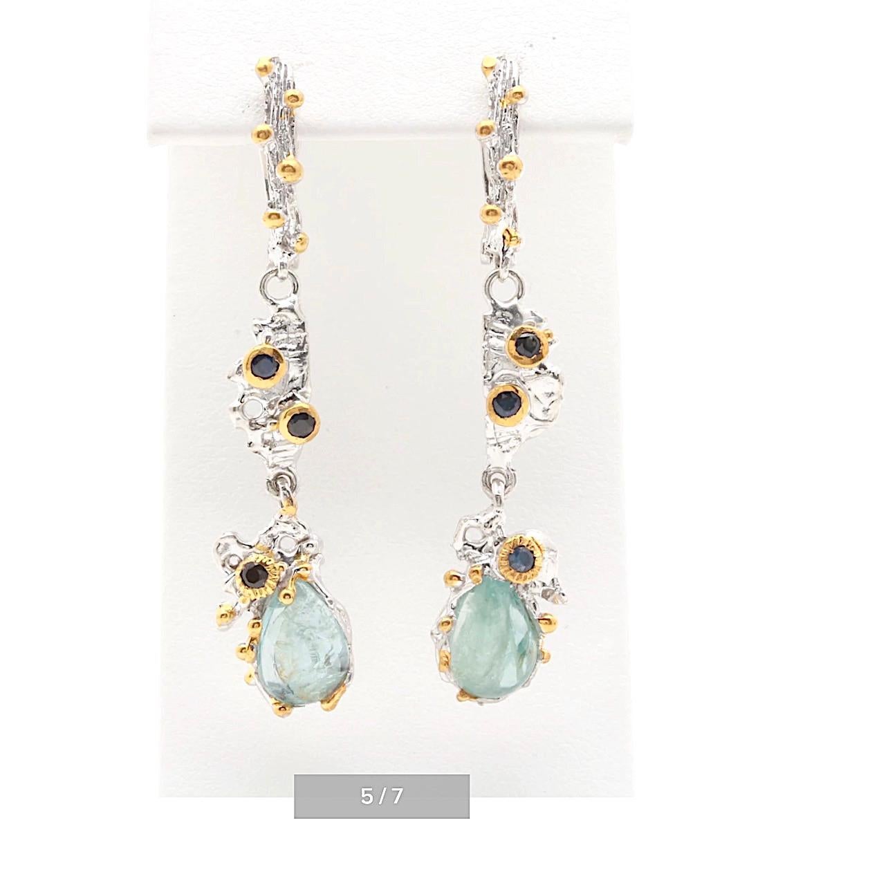 Brutalist Sterling Silver Gemstone Earrings with Aquamarine, Sapphire, Vermeil For Sale 1