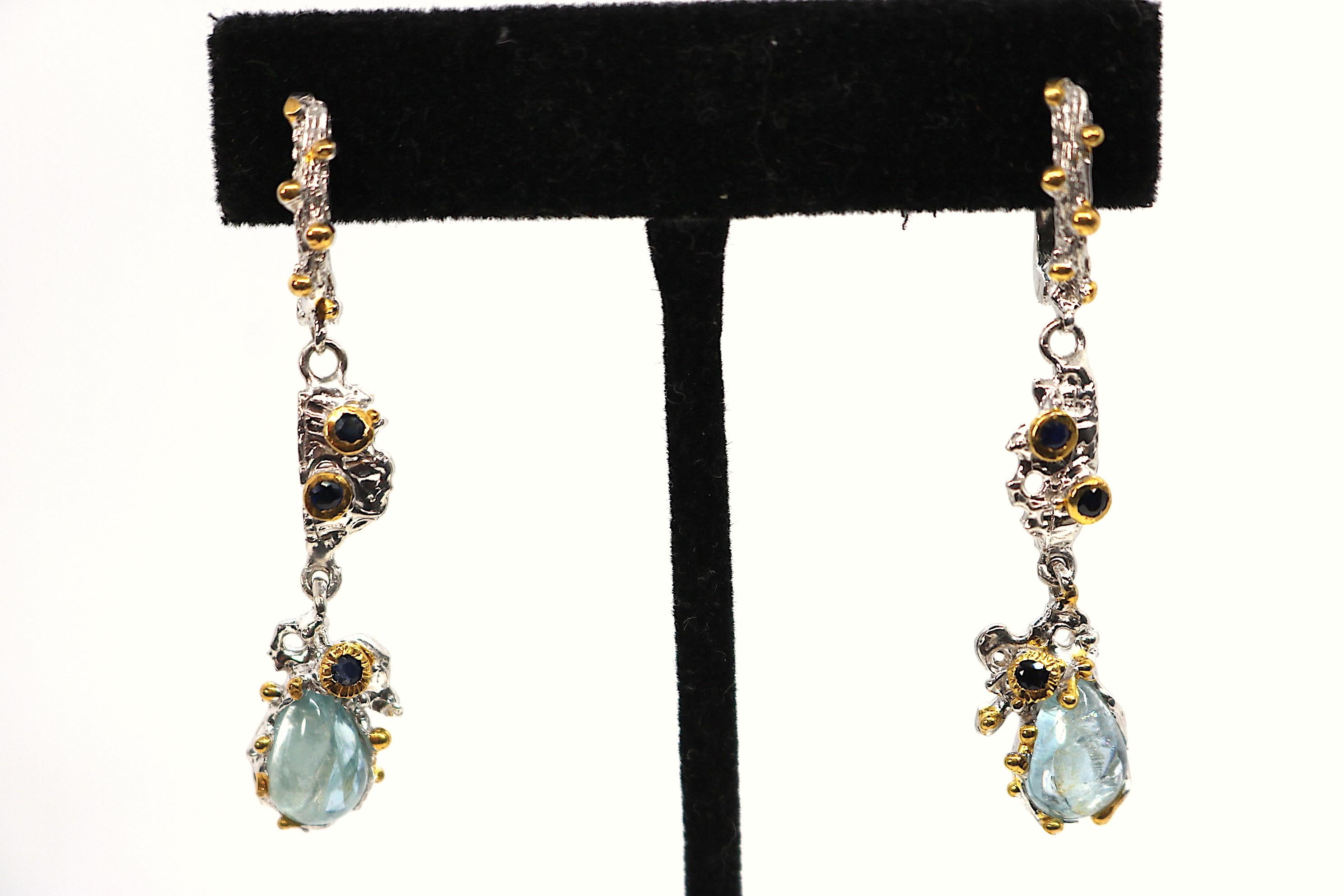 Artisan Brutalist Sterling Silver Gemstone Earrings with Aquamarine, Sapphire, Vermeil For Sale