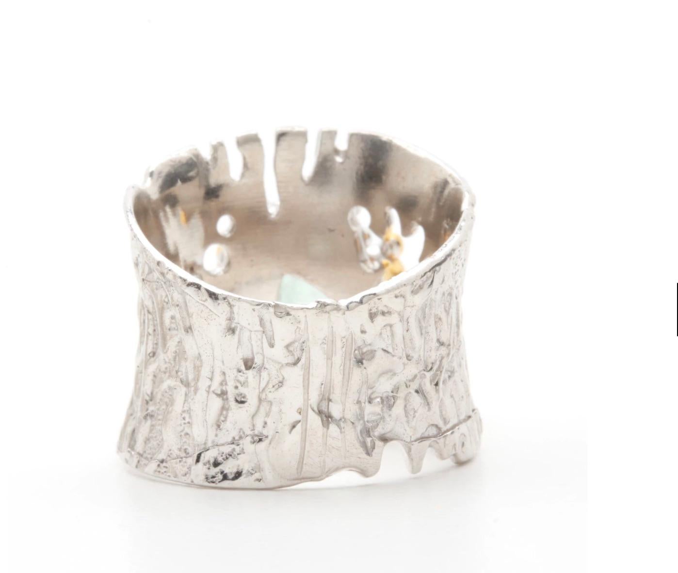 Artist Brutalist Sterling Silver Vermeil Aquamarine Sapphire Ring For Sale