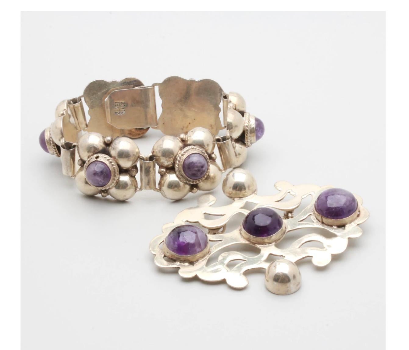 Mexico Sterling Silver Amethyst Cabochon Bracelet For Sale 3