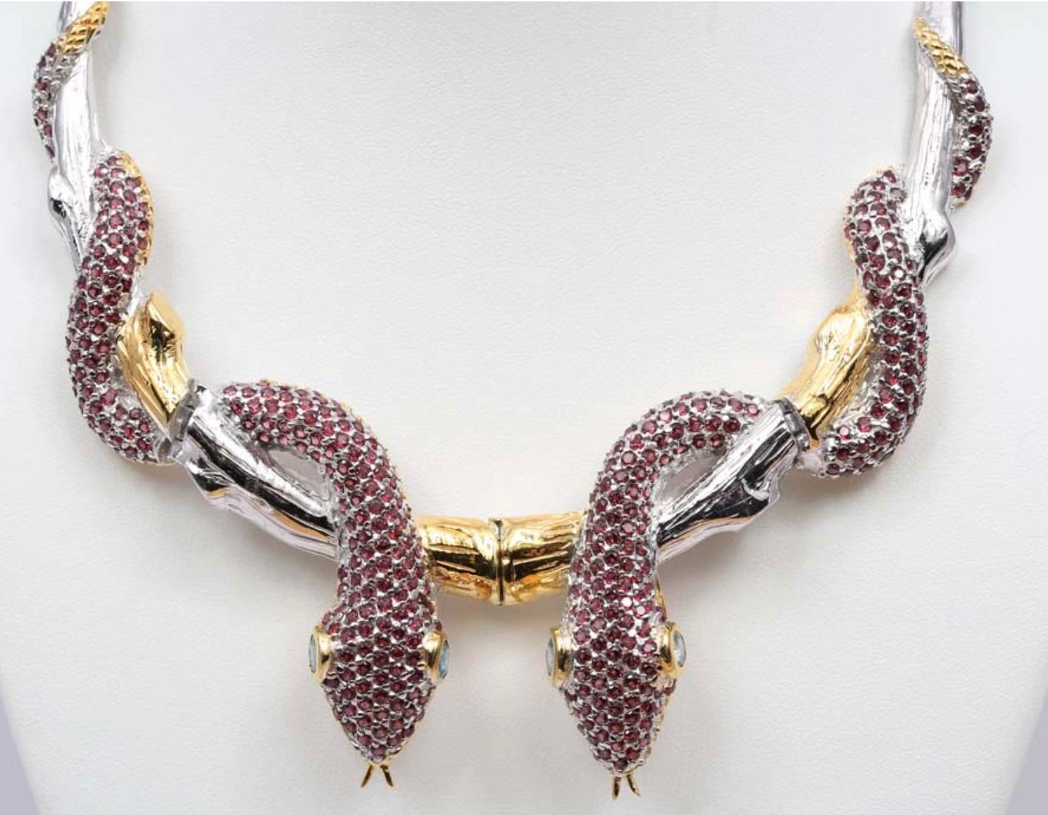 Art Deco Cleopatra 20 carat Garnet Blue Topaz Snake Branch Necklace-Sterling Silver Gold  For Sale
