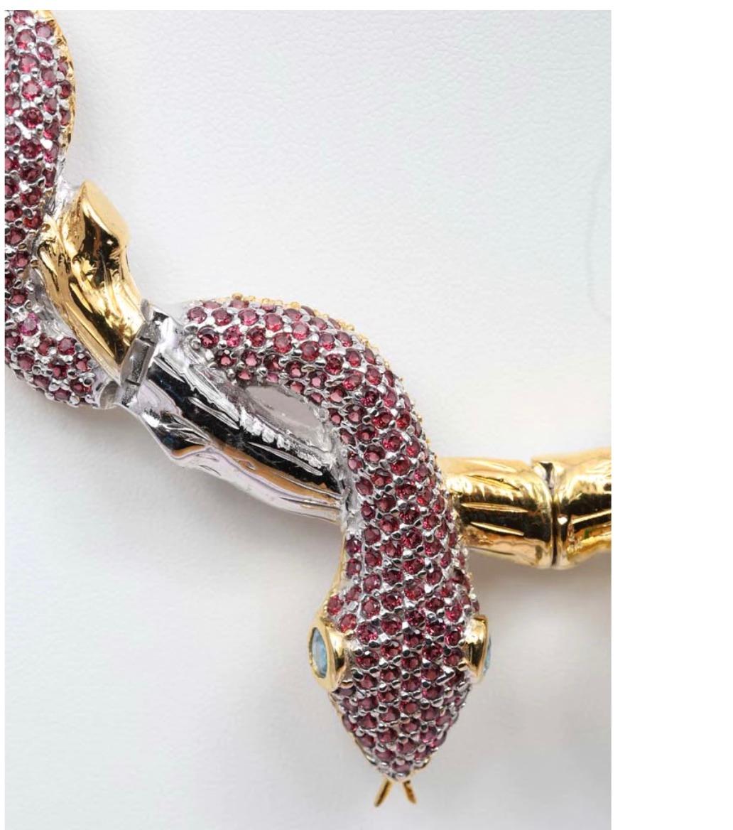 Round Cut Cleopatra 20 carat Garnet Blue Topaz Snake Branch Necklace-Sterling Silver Gold  For Sale