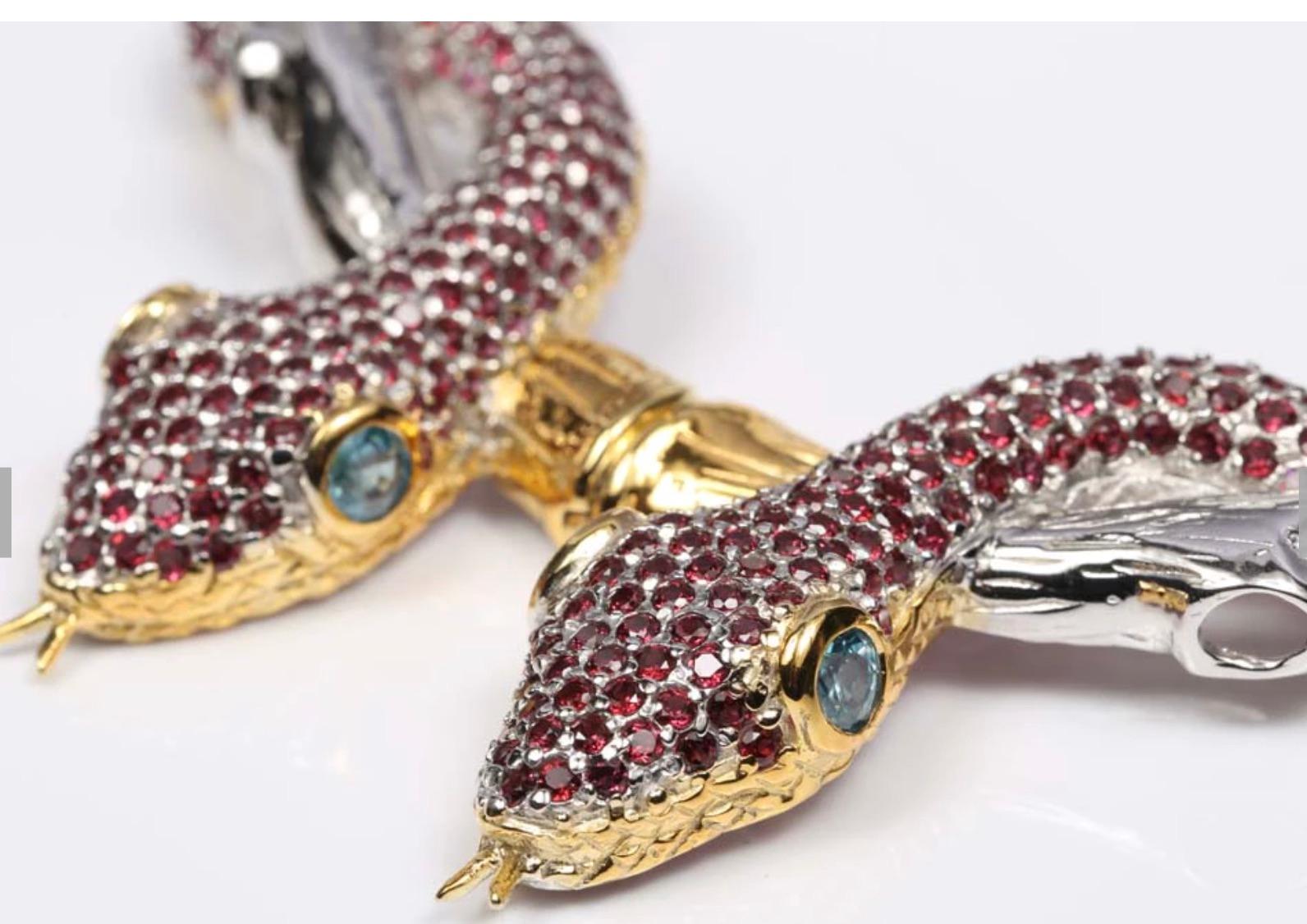 Cleopatra 20 carat Garnet Blue Topaz Snake Branch Necklace-Sterling Silver Gold  For Sale 1