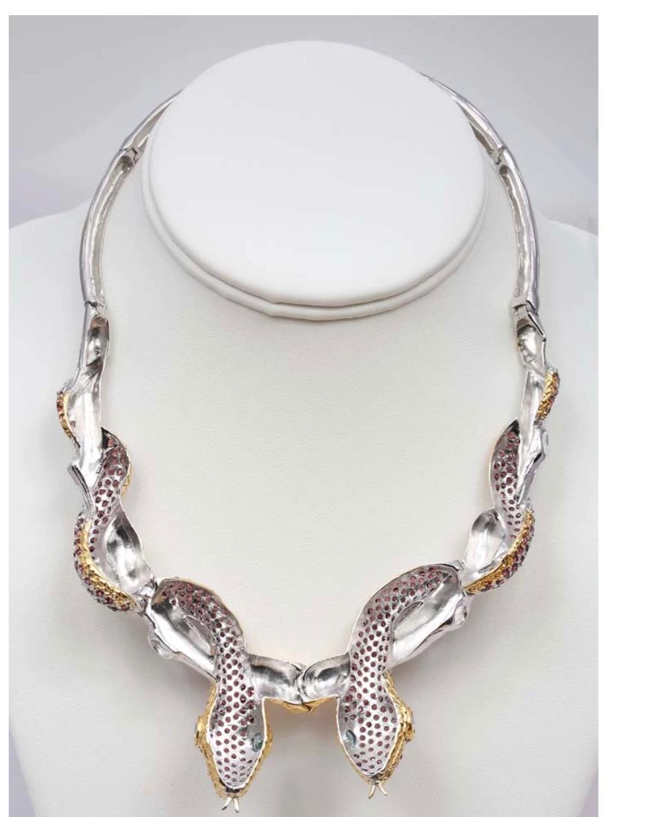 Cleopatra 20 carat Garnet Blue Topaz Snake Branch Necklace-Sterling Silver Gold  For Sale 2