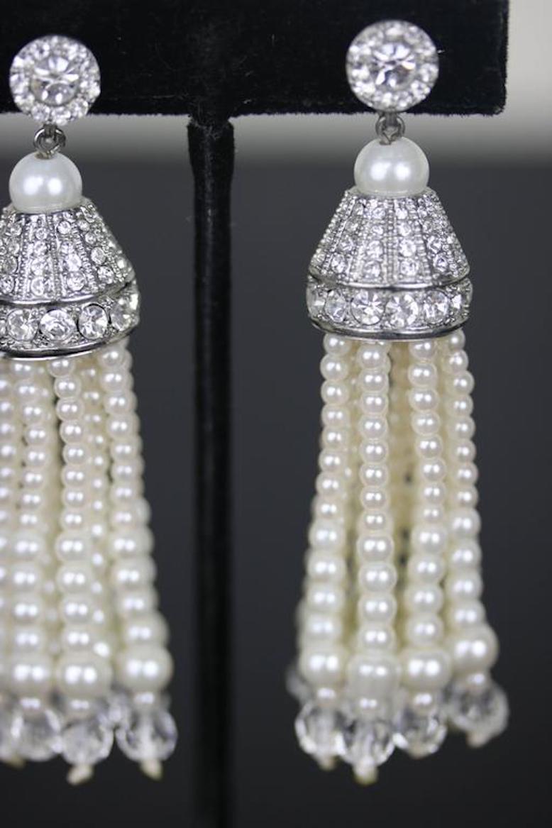Kenneth Jay Lane Pair Tassel Earrings-Silver, Faux Pearl, CZ , Crystal In Good Condition For Sale In West Palm Beach, FL