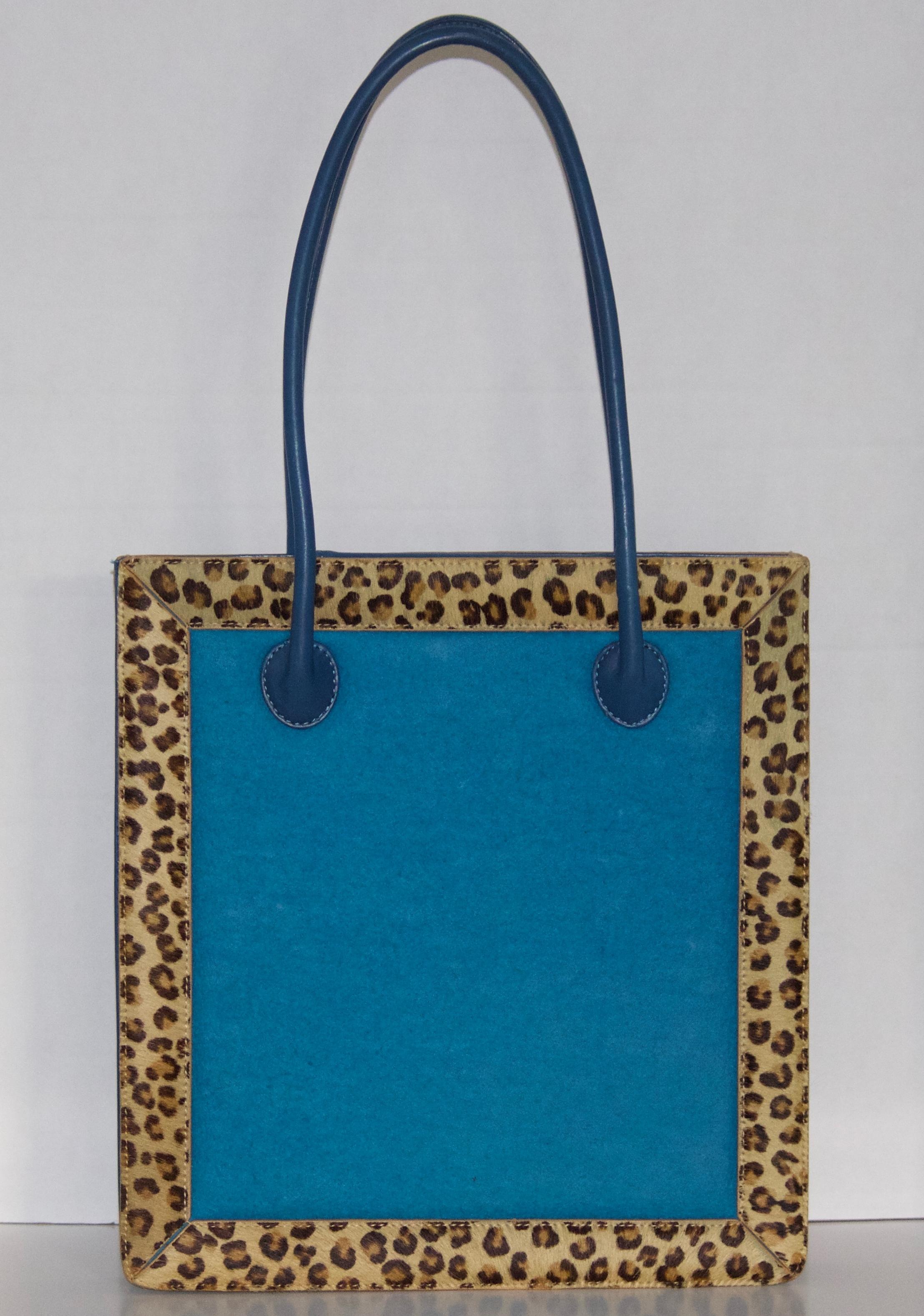 Artful Vintage Nicole Miller Novelty Leather Handbag-Leopard Calf Hair Fur Trim For Sale 1