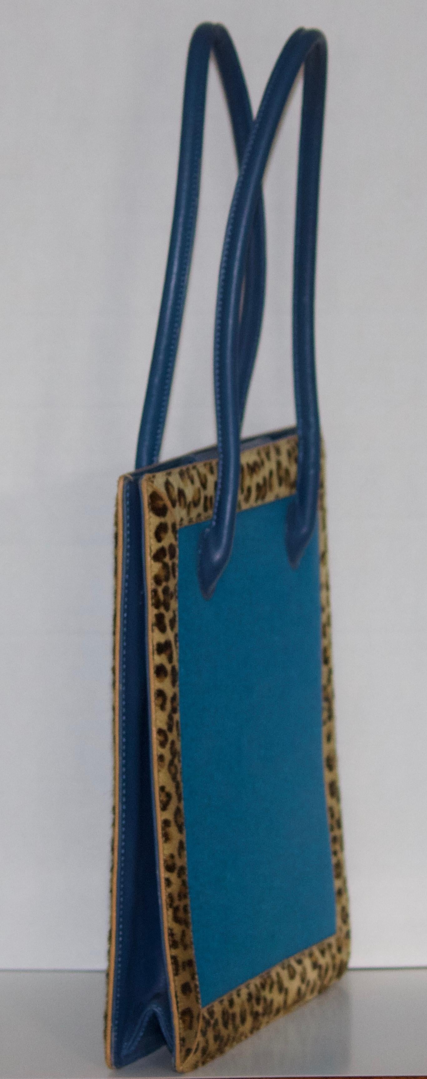 Artful Vintage Nicole Miller Novelty Leather Handbag-Leopard Calf Hair Fur Trim For Sale 2
