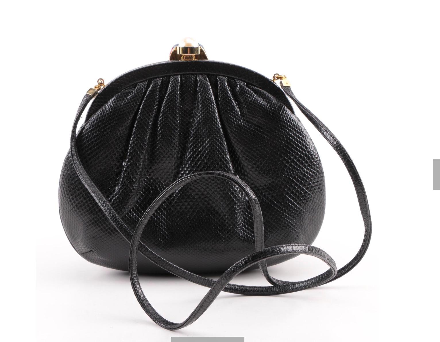 Judith Leiber Black Karung Kissing Parrots Pearl Clasp Clutch 3